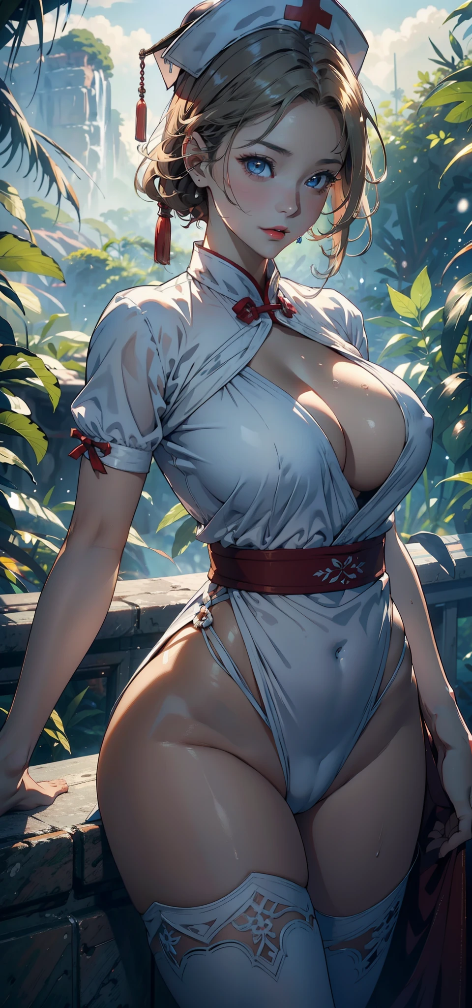 1female，35yo，plumw，extremely large bosom， 独奏，（Background with：the rainforest，SakuraNS，Deep in the forest，hospitals，）standing on top of a mountain， She has short blonde hair，standing on your feet，Bundled，seen from the front， bobo head， mostly cloudy sky，（（（tmasterpiece），（Very detailed CG unity 8K wallpaper），best qualtiy，cinmatic lighting，detailed back ground，beatiful detailed eyes，Bright pupils，Blue eyes，Snow-whiteskin，Redlip（Very fine and beautiful），（Beautiful and detailed eye description），ultra - detailed，tmasterpiece，））facing at camera，A high resolution，ultra - detailed），revealing breasts，Bare genitalia，  Bulge，legs are open，Raised sexy，Camel toes，Flushed complexion，Desire for dissatisfaction，frontage，nurses，on cheongsam，Nurse hat，Red Cross Mark