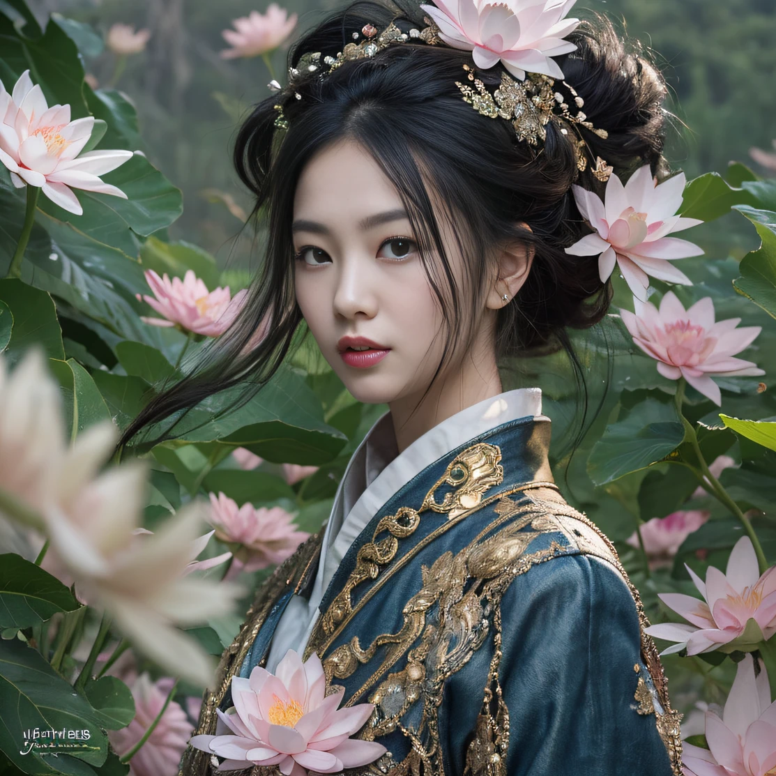 Gold backstop 32K(tmasterpiece,k hd,hyper HD,32K)Long flowing black hair,ponds,zydink, a color, Aozhou people (Concubine girl), (Purple silk scarf), Combat posture, looking at the ground, long whitr hair, Floating hair, Carp pattern headdress, Chinese long-sleeved clothing, (Abstract gouache splash:1.2), Pink petal background,Pink and white lotus flowers fly(realisticlying:1.4),Black color hair,Fallen leaves flutter,The background is pure, A high resolution, the detail, RAW photogr, Sharp Re, Nikon D850 Film Stock Photo by Jefferies Lee 4 Kodak Portra 400 Camera F1.6 shots, Rich colors, ultra-realistic vivid textures, Dramatic lighting, Unreal Engine Art Station Trend, cinestir 800,Long flowing black hair,Denim skirt