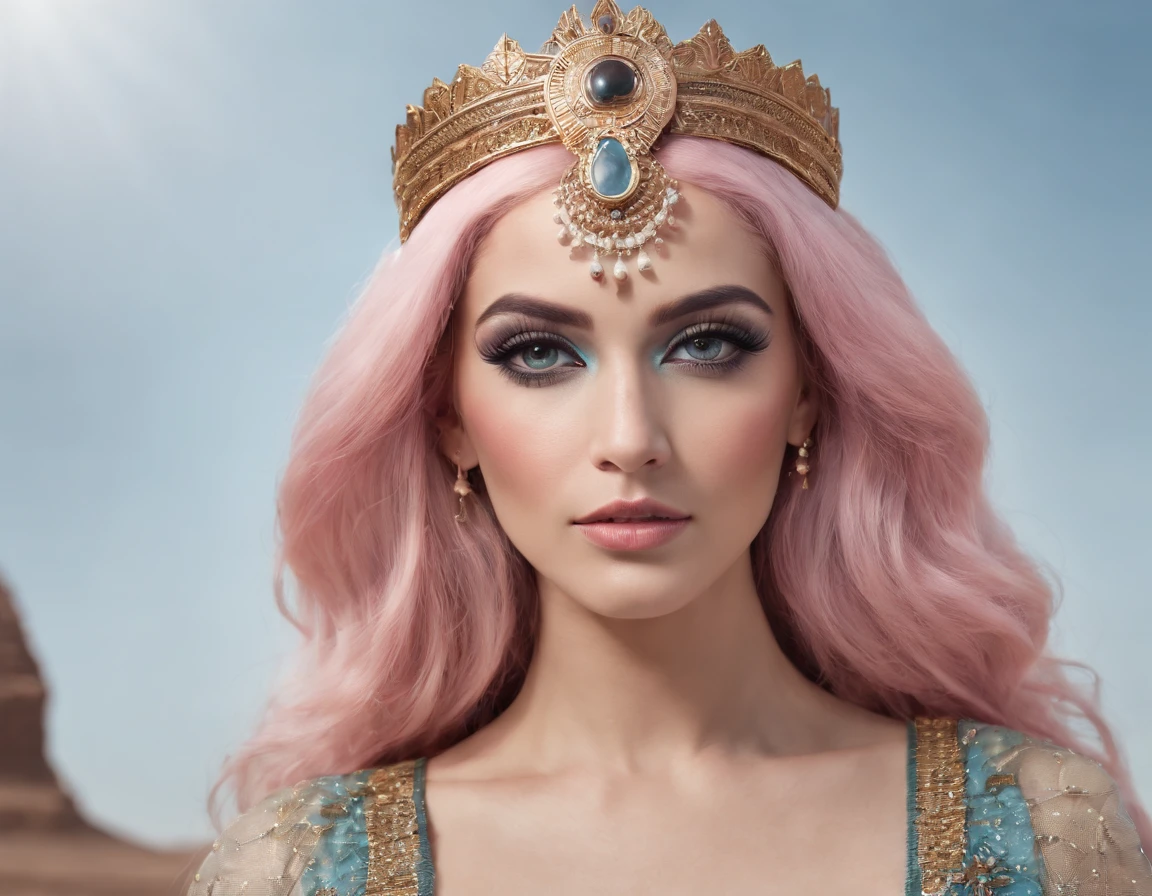 Create an image of an ancient Egyptian woman with flowing surreal soft pink hair, big eyes, and a full tiara. She is wearing coal eye makeup with intricate hieroglyphic patterns, along with a luxurious pale blue outfit made of iridescent scales, adorned with jewelry and filigree details. The background is a delicate, magical setting with floral elements and a hint of rainbow.