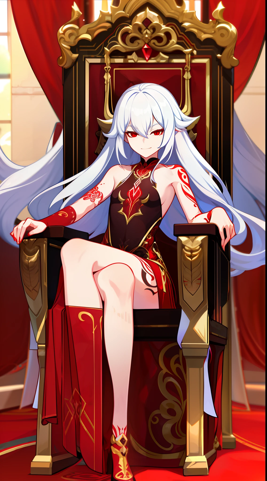 young girl, Long white hair, red eyes, Red Futhark Tattoo, smirk, princess dress, small breasts, open breasts, Wide neckline, sitting on the throne, legs crossed, Masterpiece, hiquality, higly detailed, HD, 4k
