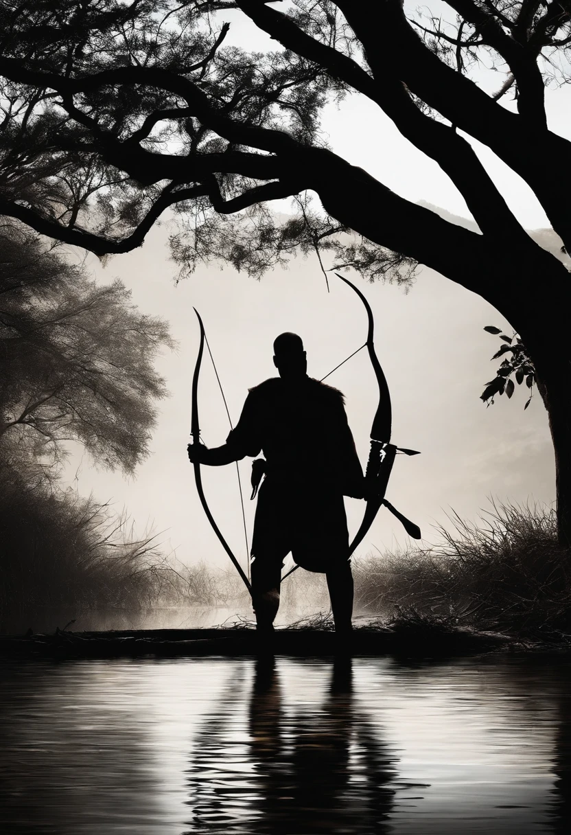 CREATE THE SILHOUETTE OF AN AFRICAN HUNTER WITH HIS ARROW, CRIE EM PRETO E BRANCO