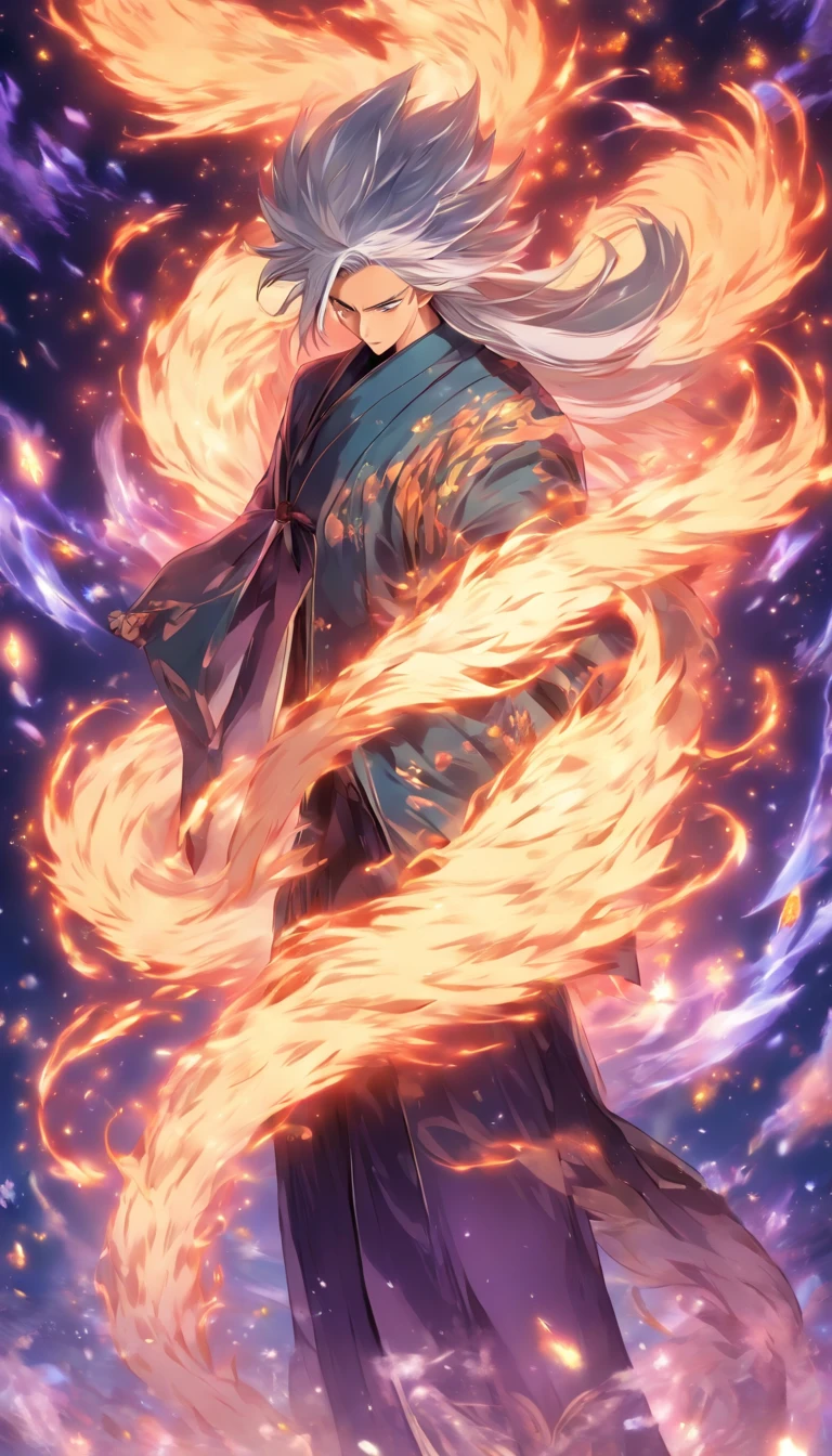 There is a young and handsome thin man, A long-haired male nine-tailed silver fox in Japanese mythology, in clothes, His nine tails spread out behind his back like a fan, He smiled, He smiled thoughtfully, (Masterpiece), whole-length, Facing the viewer, surrealism, dreamlike lighting, glowworm, Sequins, The overall color is silvery-purple