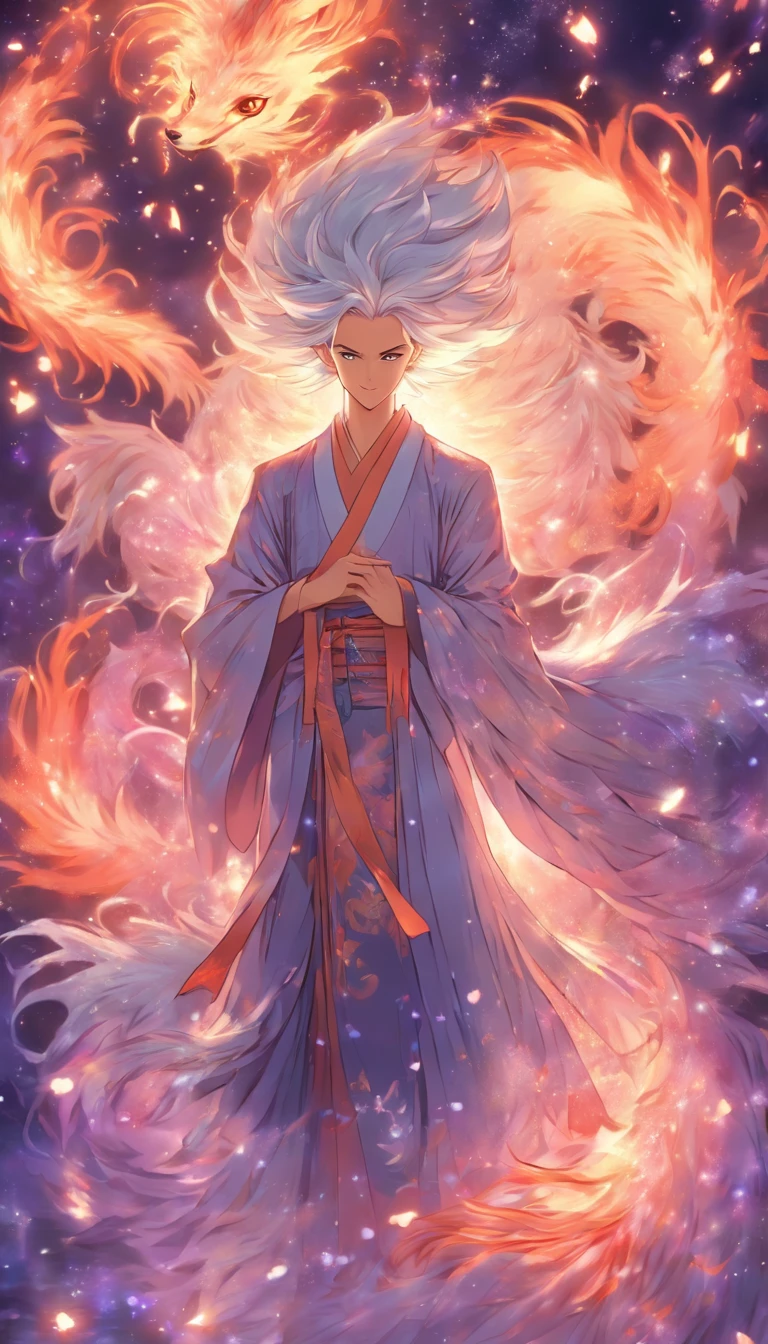 There is a young and handsome thin man, A long-haired male nine-tailed silver fox in Japanese mythology, in clothes, His nine tails spread out behind his back like a fan, He smiled, He smiled thoughtfully, (Masterpiece), whole-length, Facing the viewer, surrealism, dreamlike lighting, glowworm, Sequins, The overall color is silvery-purple
