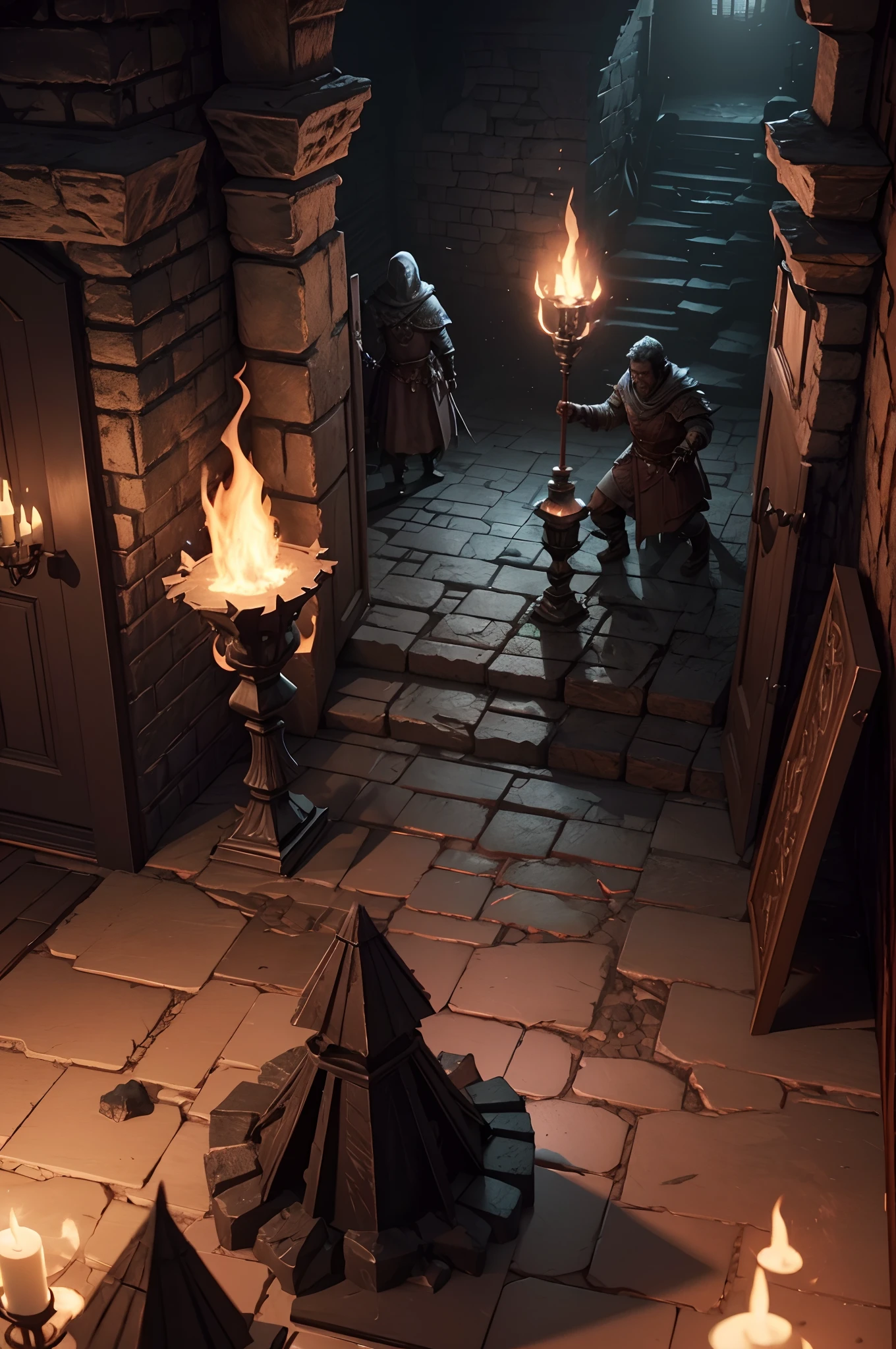 3d d&d battle map, a dark dungeon with torches lighting the place, dirt, old furniture, broken items, 8k, (((Rough coal sketch )))
