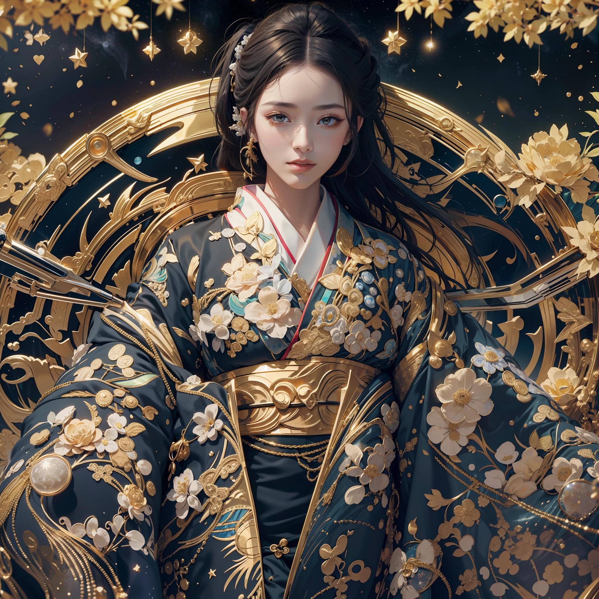 Detailed background(a moon,Detailed starry sky background),glossy dark hair,Ponytail BREAK,elaborate costume{Luxury kimono(Colorful kimono(Detailed golden embroidery,))}、face perfect,Depict a beautiful and graceful woman of Japan。Heart in the eye。 Wallpaper 8K, .Blur the background with a sickle,((masutepiece)), ((Best Quality)),{{a portrait photo of}}