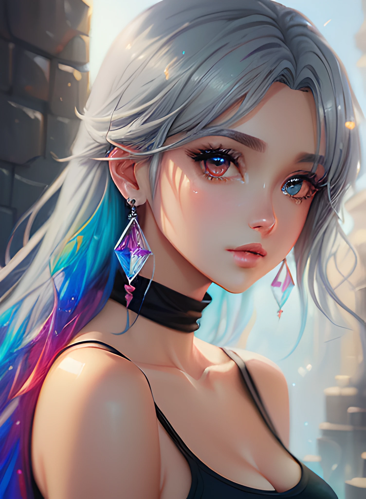 ((top-quality)), ((masterpiece)), ((realisitic)), (detaileds),animesque、anime styled、 (1人の女性)Earrings only accessories、Close up portrait of woman with gray hair color、Beautiful shining eyes, Like crystal clear glass、Tank Tops、Summer clothes、4K high-definition digital art、stunning digital illustration、Stunning 8K artwork、colorfull digital fantasy art、Colorful and bright、beautiful digital works of art、Colorful Digital Anime Art、Portrait of beautiful woman、8K HD Digital Wallpaper Art、 Gorgeous Digital Painting