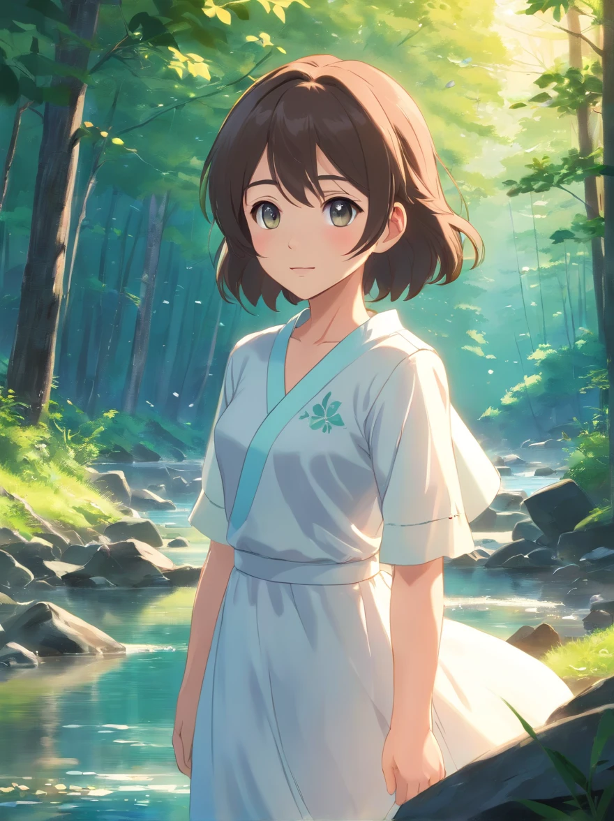 (best quality,highres:1.2),photorealistic,anime,princess,girl,white dress,small,adorable,cartoon dog,clear river,forest,sunshine,eye contact