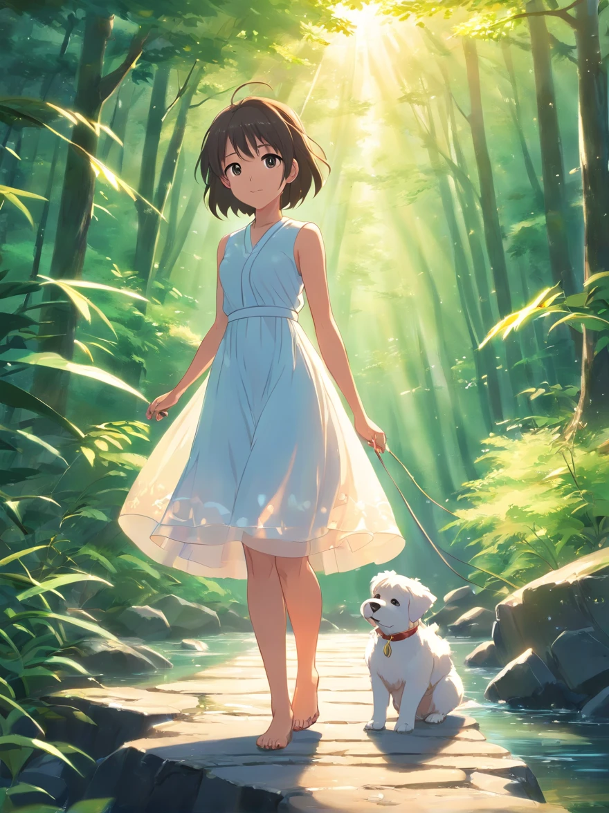 (best quality,highres:1.2),photorealistic,anime,princess,girl,white dress,small,adorable,cartoon dog,clear river,forest,sunshine,eye contact