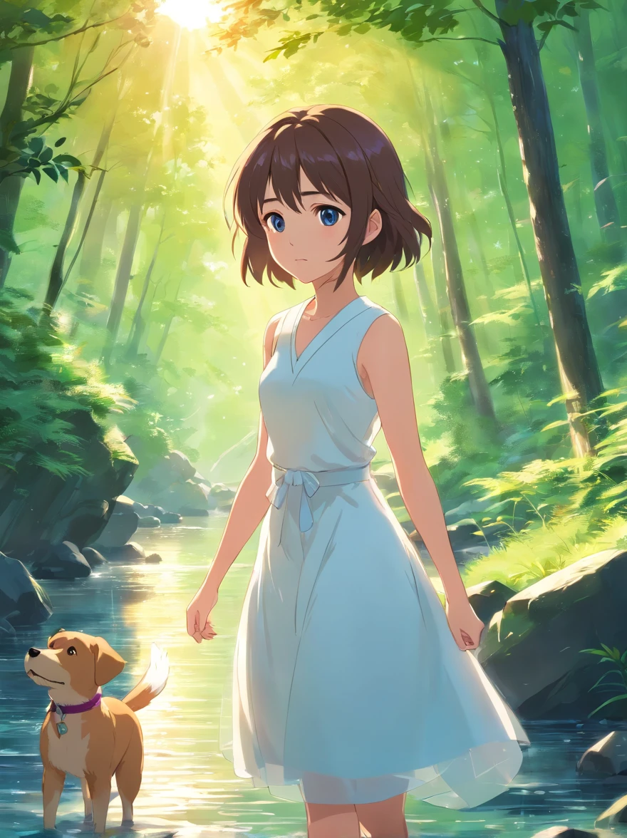 (best quality,highres:1.2),photorealistic,anime,princess,girl,white dress,small,adorable,cartoon dog,clear river,forest,sunshine,eye contact
