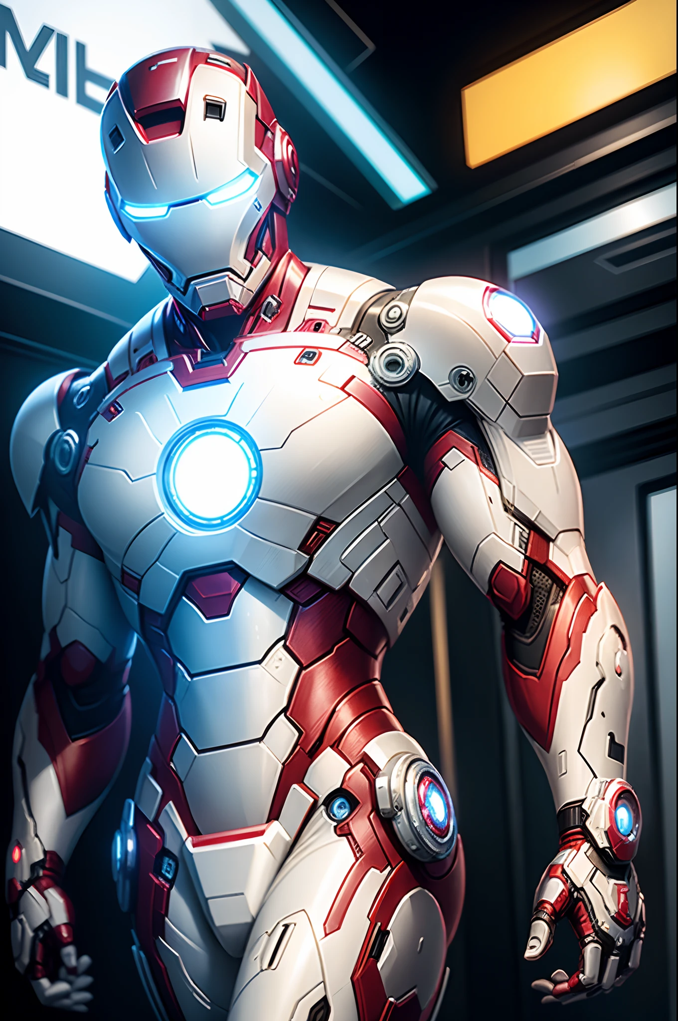 A realistic white Marvel iron man android in an advanced cybernetic suit, with cyberpunk helmet and technological visor