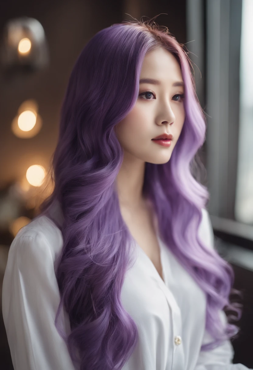 Araped woman with long purple hair and white shirt, Long wavy purple hair, Purple flowing hair, Violet long hair, Hair coloring, Flowing purple hair, Long light purple hair, portrait of jossi of blackpink, Long purple hair, Hair color, Purple long hair, tzuyu from twice, Violet hair, Long hair in pastel colors, Long purple hair