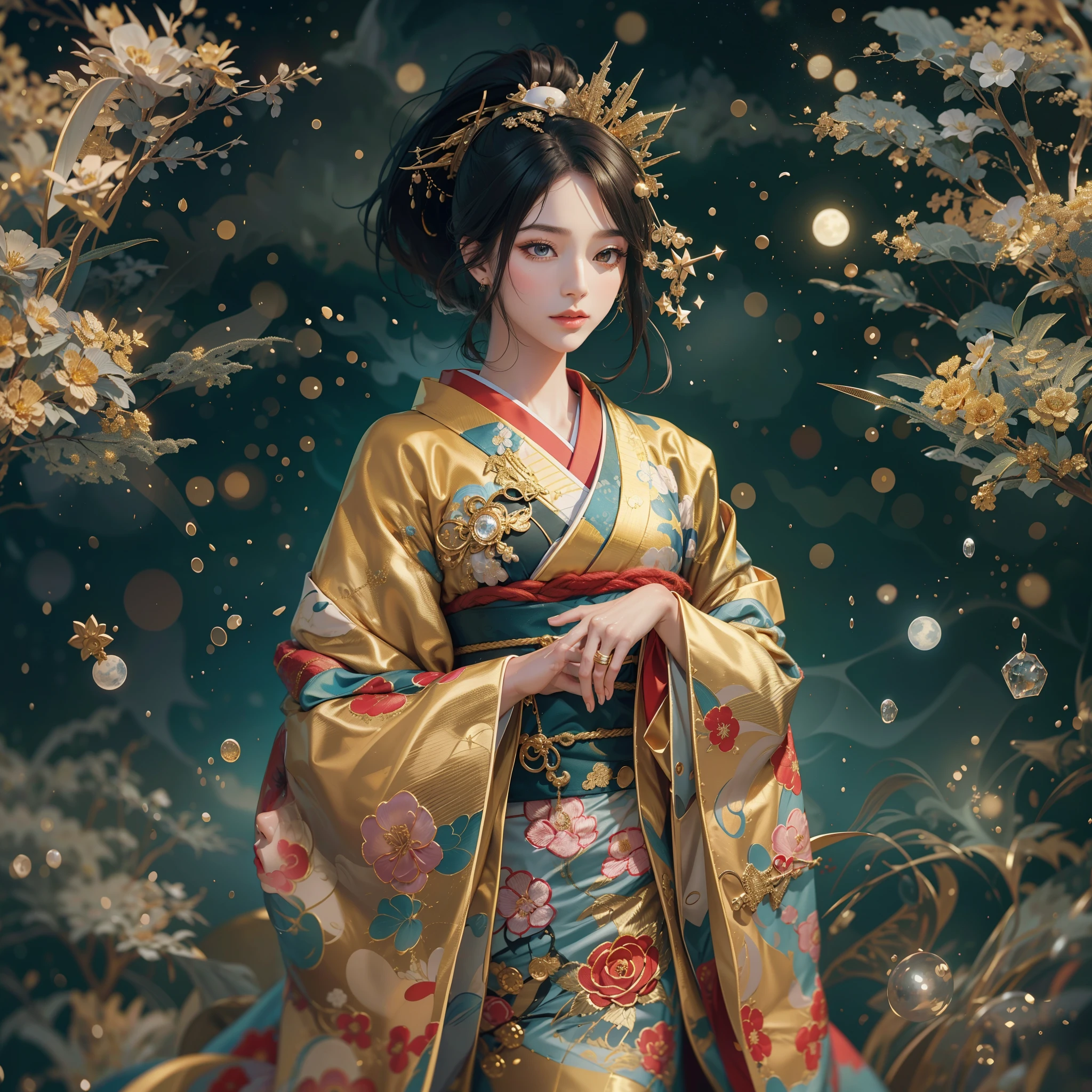 Detailed background(a moon,Detailed starry sky background),glossy dark hair,Ponytail BREAK,elaborate costume{Luxury kimono(Colorful kimono(Detailed golden embroidery,))}、face perfect,Depict a beautiful and graceful woman of Japan。Heart in the eye。 Wallpaper 8K, .Blur the background with a sickle,((masutepiece)), ((Best Quality)),{{a portrait photo of}}