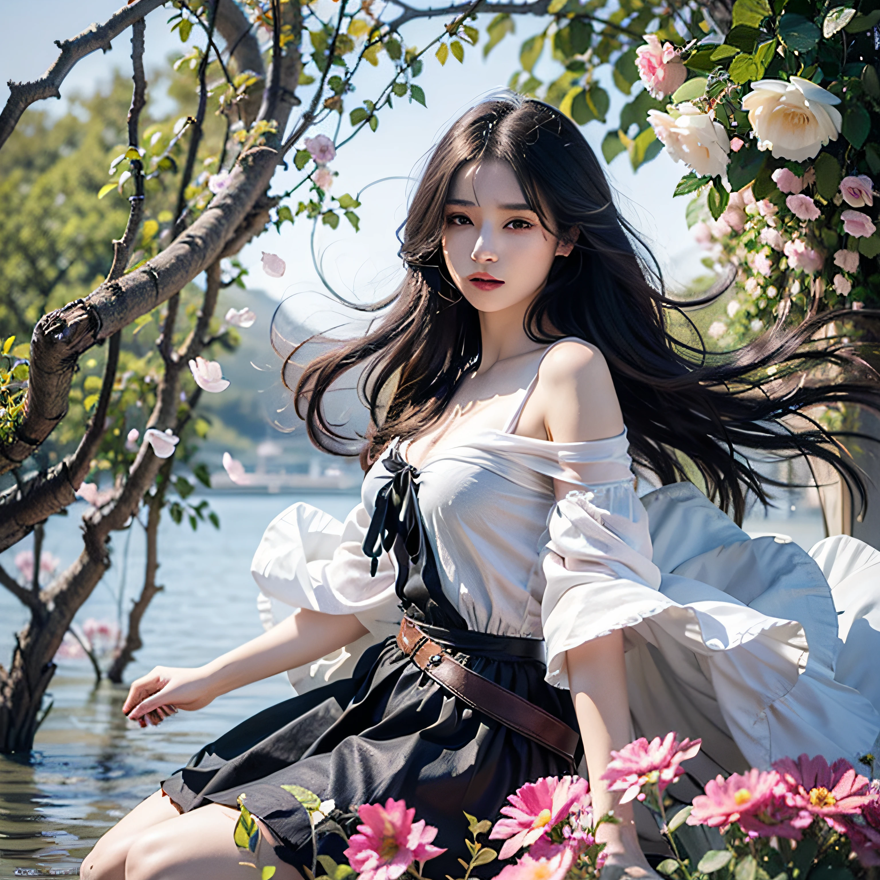 Playing in the tide,Luxley, Split color hair, Wind, Flying petals, stainedglassai, ornamental, Intricate details, dufkova,。.3D, linear art, watercolor paiting, ink watercolor, Random colored hair, Super long hair, Wavy, 1girl in,alraune,flower, alraune,
