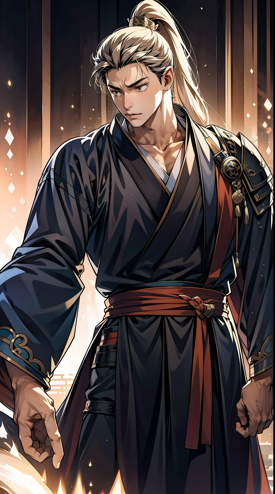 quadratic element，style of anime，mtu（Male Warrior），The proportions are correct，Face details，swordsmen，High ponytail hairstyle，Neck details，There is an Adam's apple，Black Hanfu，kaftan，Embroidered robes，Black robe，clothes details，Handing over，longer sleeves，Game quality，Swordsmanship，Light and shadow tracking，Ray traching，detailed glow，cg render，hair detail，cabelos preto e longos，Black eyes，Handsome，Handsome，（juvenile sense），Clothing is complicated，Perfectcomposition，Refinement，high qulity，higher details，Lots of details，The background is complex，a sense of atmosphere，