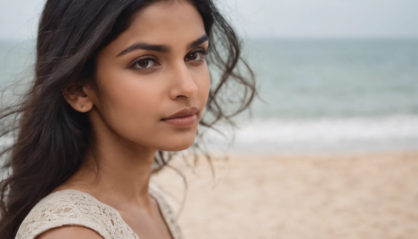 cute indian girl, cheekbones, black hair, in a beach
