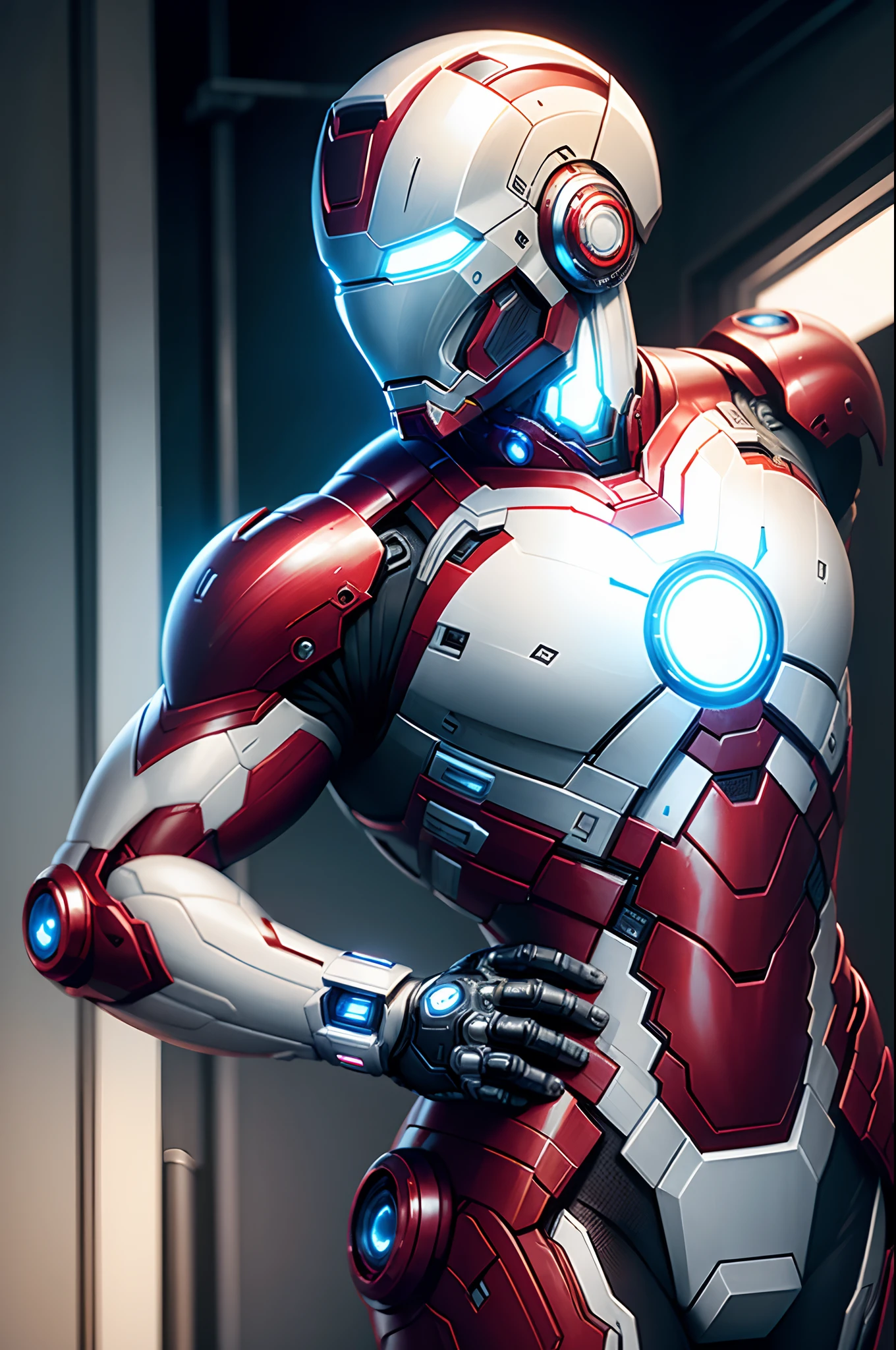 A realistic white Marvel iron man android in an advanced cybernetic suit, with cyberpunk helmet and technological visor