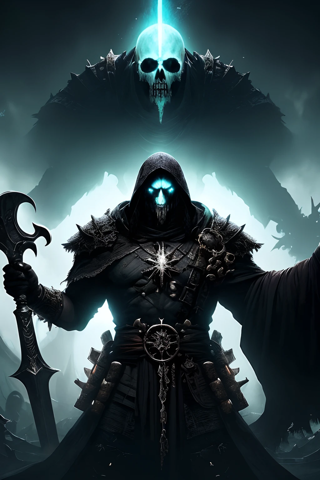 necromancer conjures and summons skeletons, (young man 30 years old with small beard), green glowing eyes, magician conjures and uses magic, <lora:NecromancyAI:0.5>, a man dressed in a dark caftan with a cloak and fur shoulder pads, (upper body), ((close up)), hyper detailed face, black and blue rich aristocratic suit, ruined fallen citadel on the background, <lora:add_detail:0.6>, extra detailed art, world of victorious evil, the army of skeletons goes on the assault, <lora:LowRA:0.2>, <lora:GothicHorrorAI:0.6>, artstation realistic winning award art by professional concept artists, realistic shot, realistic face, skin pores, realistic art