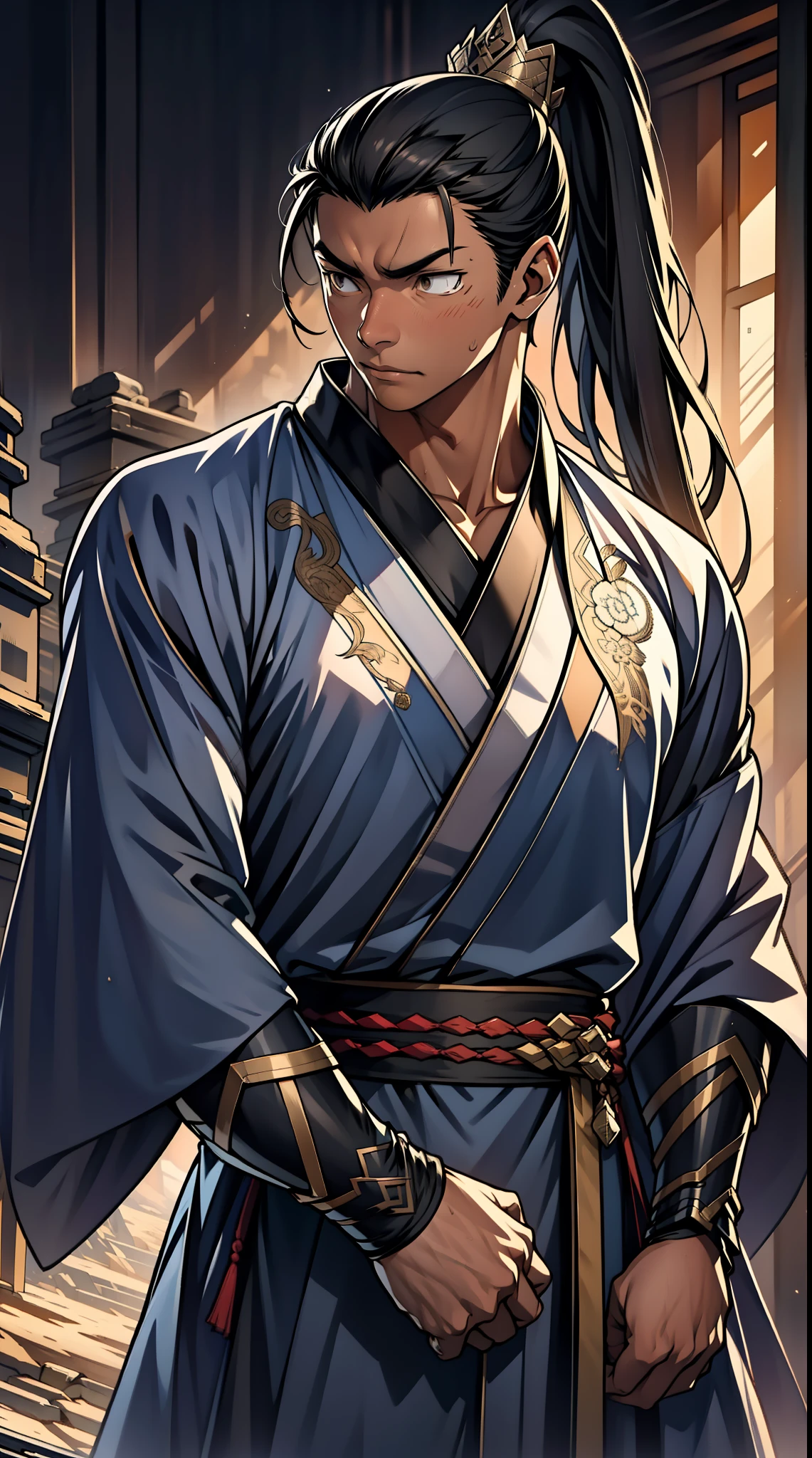 Two-dimensional, anime style, man (male warrior), muscle, correct proportions, face details, martial arts, high ponytail hairstyle, sweating, sweaty face, drooling, neck details, with Adam's apple, wet, wet, Hanfu costume, long robe, embroidered robe, dragon robe, clothing details, collar, long sleeves, game quality, swordsman demeanor, light and shadow tracing, ray tracing, detail glow, CG rendering, hair details, long black hair, golden eyes, sweaty face, handsome, handsome, sweat beads slipping down the neck, (juvenile feeling), complex clothing, wet, wet, perfect composition, refinement, high quality, more details, a lot of details, complex background, atmosphere,