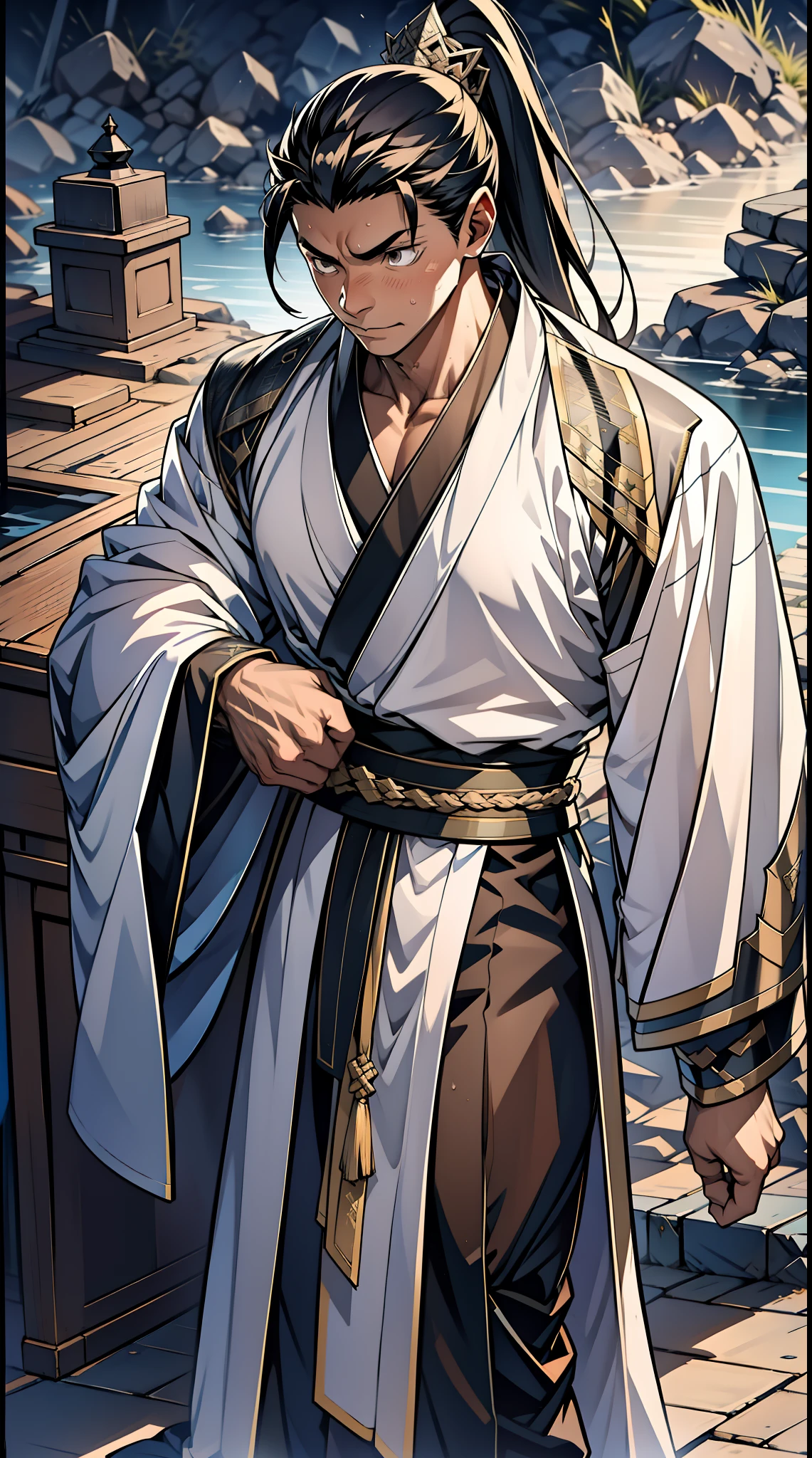 quadratic element，style of anime，mtu（Male Warrior），The proportions are correct，Face details，swordsmen，High ponytail hairstyle，Neck details，There is an Adam's apple，Black Hanfu，kaftan，Embroidered robes，Black robe，clothes details，Handing over，longer sleeves，Game quality，Swordsmanship，Light and shadow tracking，Ray traching，detailed glow，cg render，hair detail，cabelos preto e longos，Black eyes，Handsome，Handsome，（juvenile sense），Clothing is complicated，Perfectcomposition，Refinement，high qulity，higher details，Lots of details，The background is complex，a sense of atmosphere，