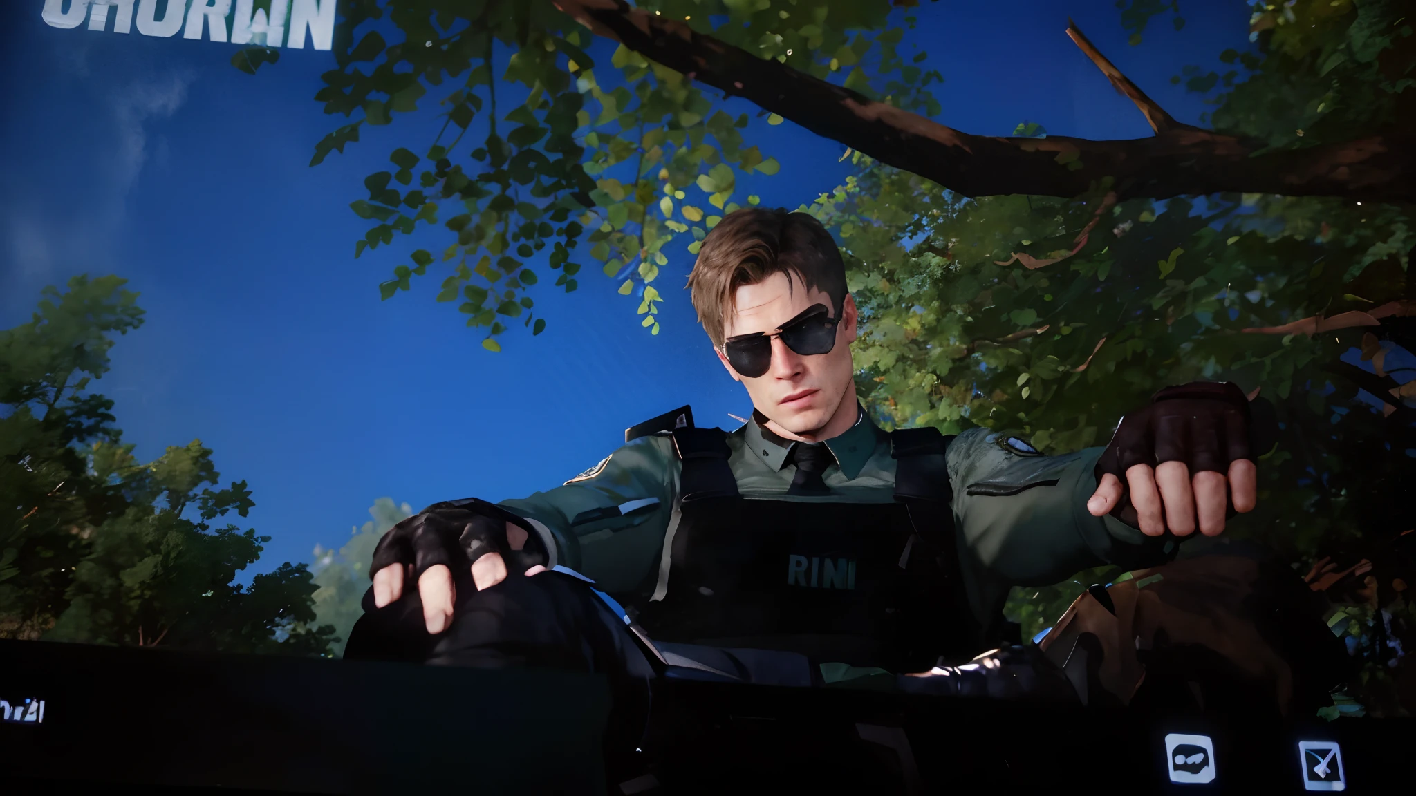 there is a man in a green shirt and black pants on a television, albert wesker and chris redfield, looks like jerma985, chris redfield, in game, jack baker from resident evil 7, he wears an eyepatch, tyler west, brad pitt is leon s. kennedy, he has a pistol!!, as a character from gtav