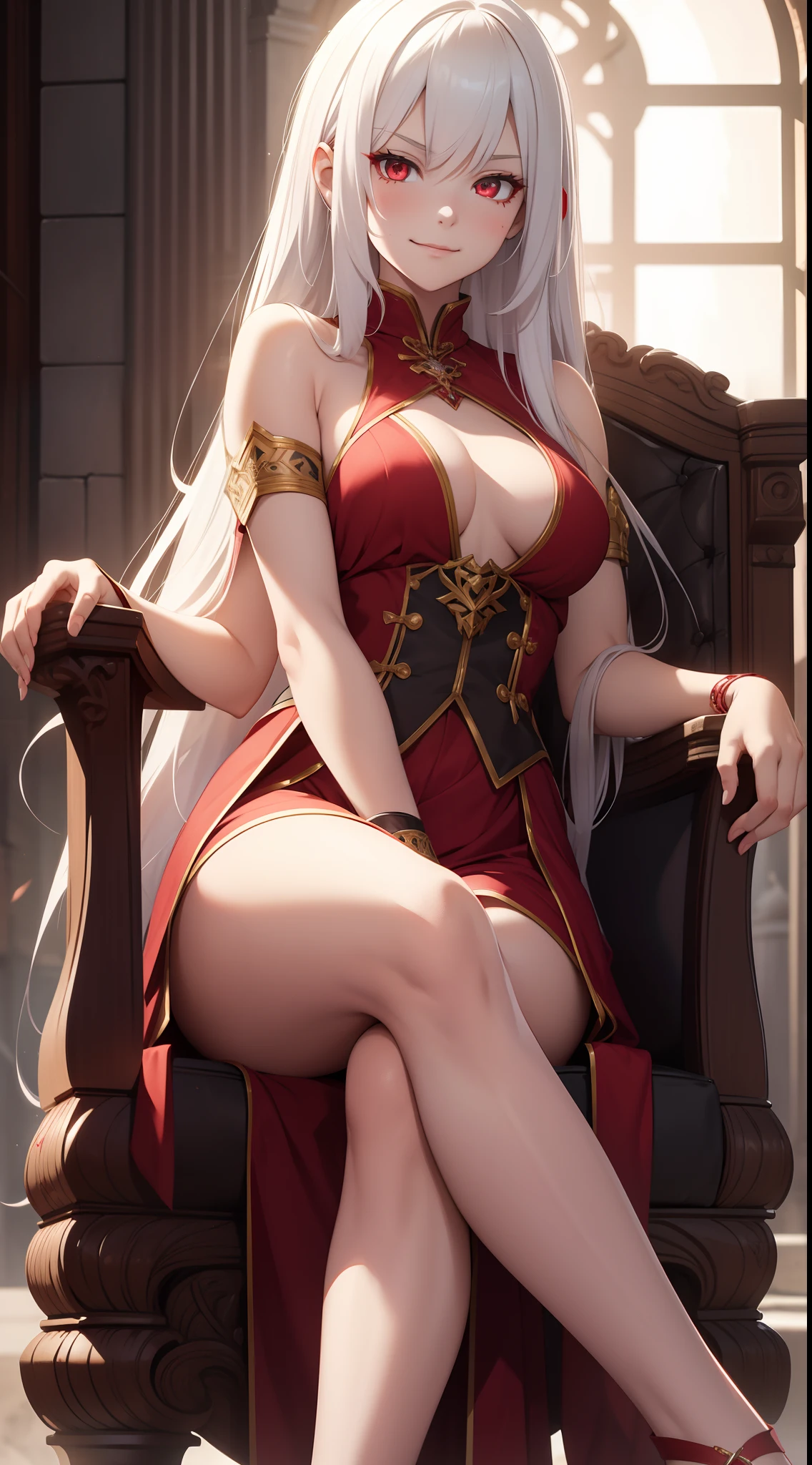 young girl, Long white hair, red eyes, Red Futhark Tattoo, smirk, princess dress, small breasts, open breasts, Wide neckline, sitting on the throne, legs crossed, Masterpiece, hiquality, higly detailed, HD, 4k