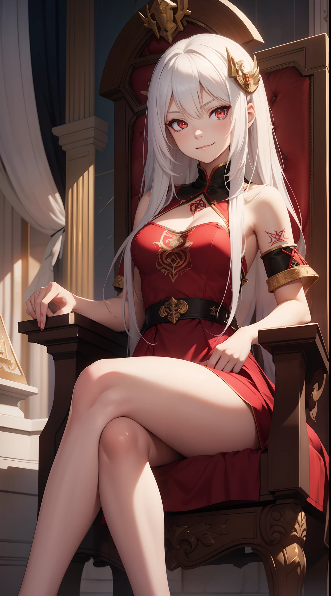 ((1 woman with penis, erect penis)),((with a cape on the back, with crown))),((medium breasts, bare breasts, erect breasts, grasping breasts)),((white hair)),( (red eyes, calm face)),((sitting on a golden throne, sitting backwards, right leg over left leg)),((in an evil haunted castle, at night)),((1 arm behind the back) ),