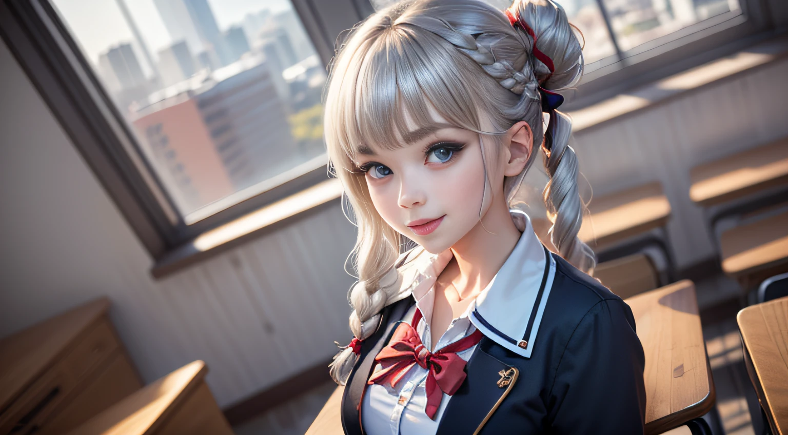 (Woman Standing In Classroom)、(28Beautiful woman of age),( Each person is seated)、((Tall and stylish))、(legs are long)、(Full Body Angle)、blondehair, Silver hair, Brown hair, Black hair, braid, Bangs, Blunt bangs, braided ponytails, hair over shoulder, Long hair, Ponytail, braided bun, hair one side up, Low ponytail, Hairpin, shairband, bow ribbon, hair scrunchie, white hairband, Head Leasing, aqua eyes, wide eyes, PUPILS SPARKLING, wide eyed, makeup, Open mouth, Smile, lightsmile, Parted lips, smiley, glint, Ashcan School, surrealism, One-person viewpoint, Sideways,( wide angles), F/1.8, 135 mm, canon, nffsw, retinas, masutepiece, ccurate, Anatomically correct, Textured skin, Super Detail, high details, High quality, Best Quality, hight resolution, (1080p), hard disk, 4K, 8K、(2a person々a woman in a)(Long sleeve、White blouses、Dark blue edging)、Collar shirt、Red Ribbon Tie、Knee-length skirt、Skirt with folds、Navy Inspire、Nauticle Color、(Japanese schoolgirl outfit)、Blazer style uniform、
