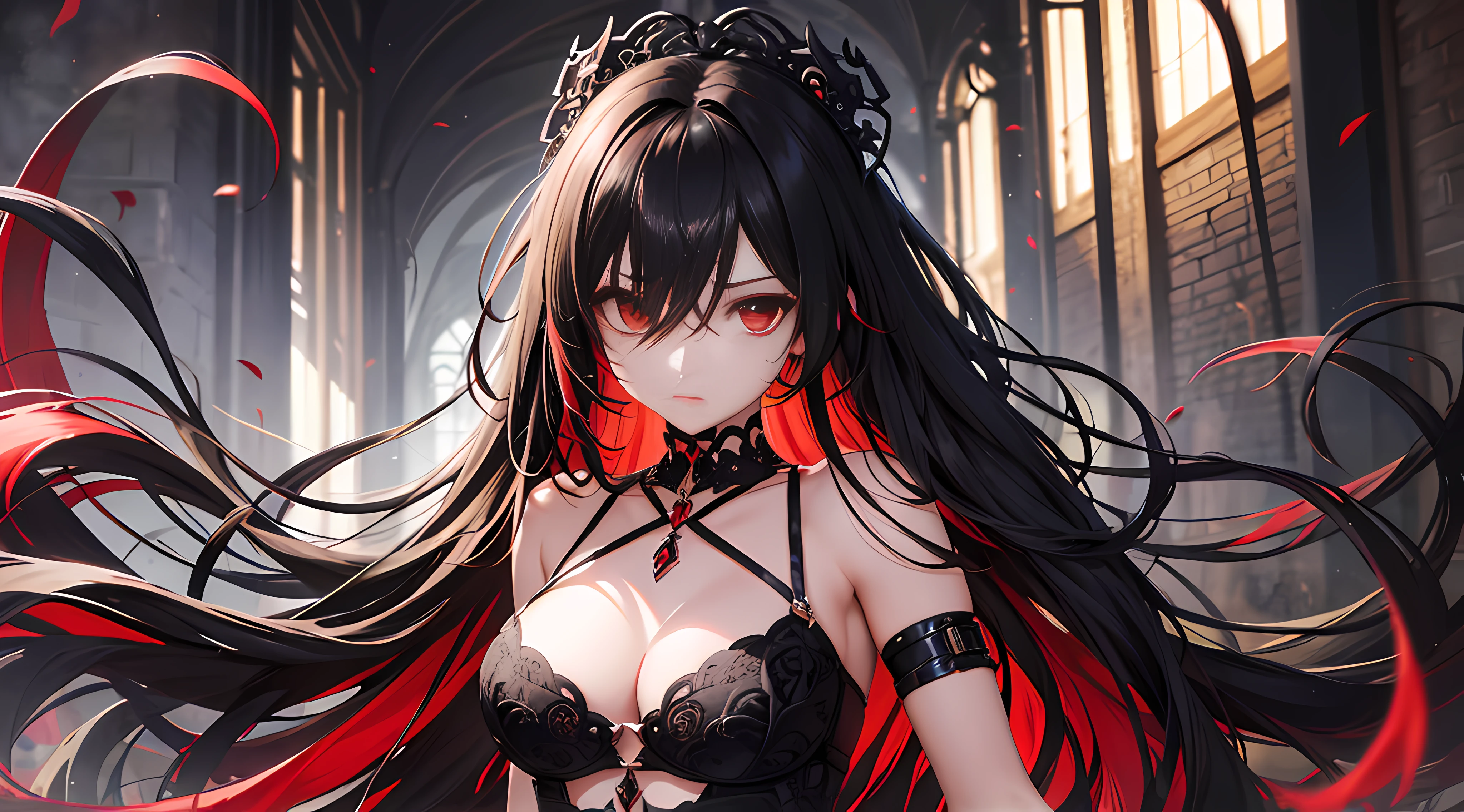 Best quality, Intricate details, color difference, 1girll, Long hair, Black hair, Messy hair, red highlights, hair on one eye, Red eyes, Sharp eyes, choker necklace,, , Arm-clamp, arms back behind, bound arms,