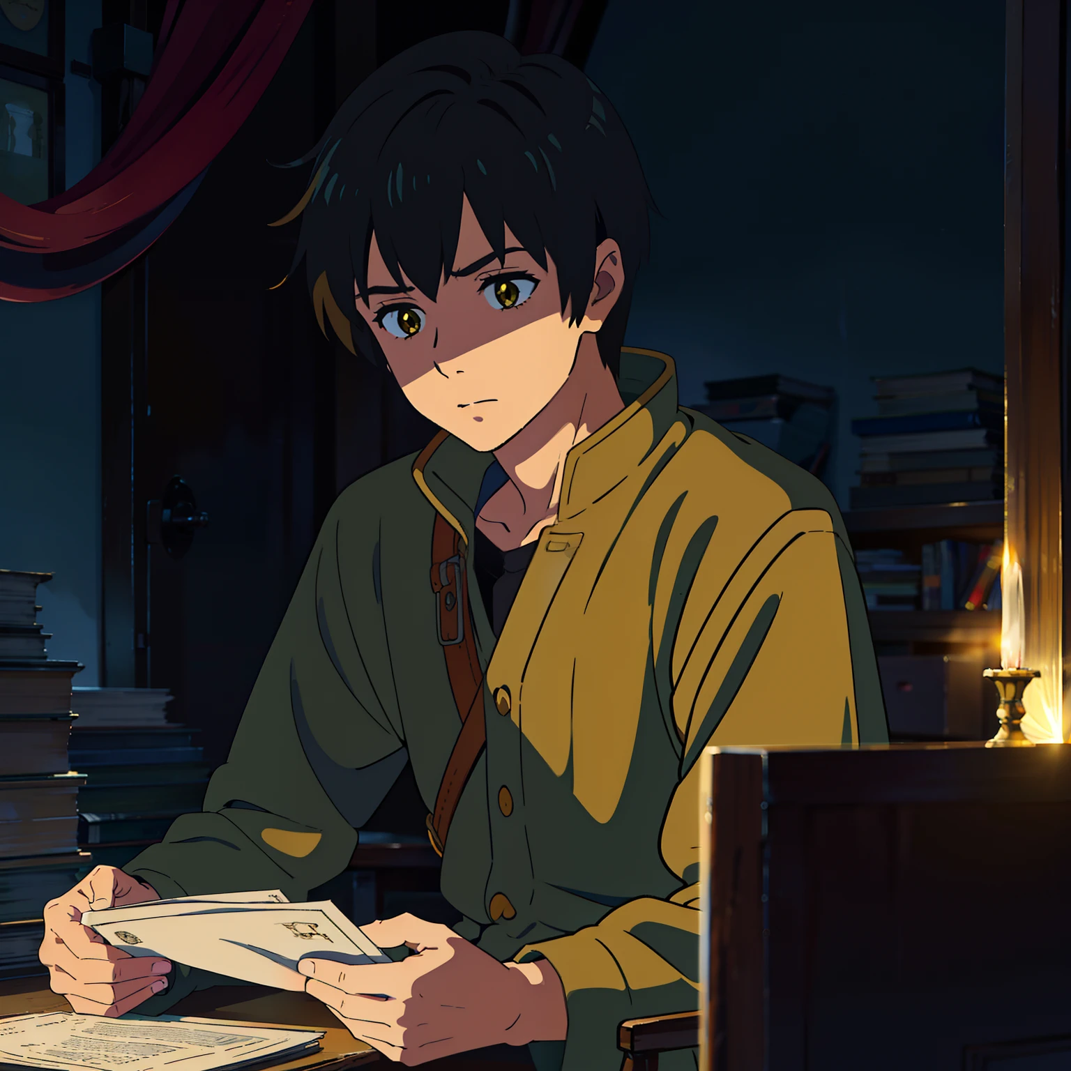 Calm simple boy, 20 yo, Books reading, fantasy yellow lights , Anime, dark, night, dramatic, cinematic, ambiance