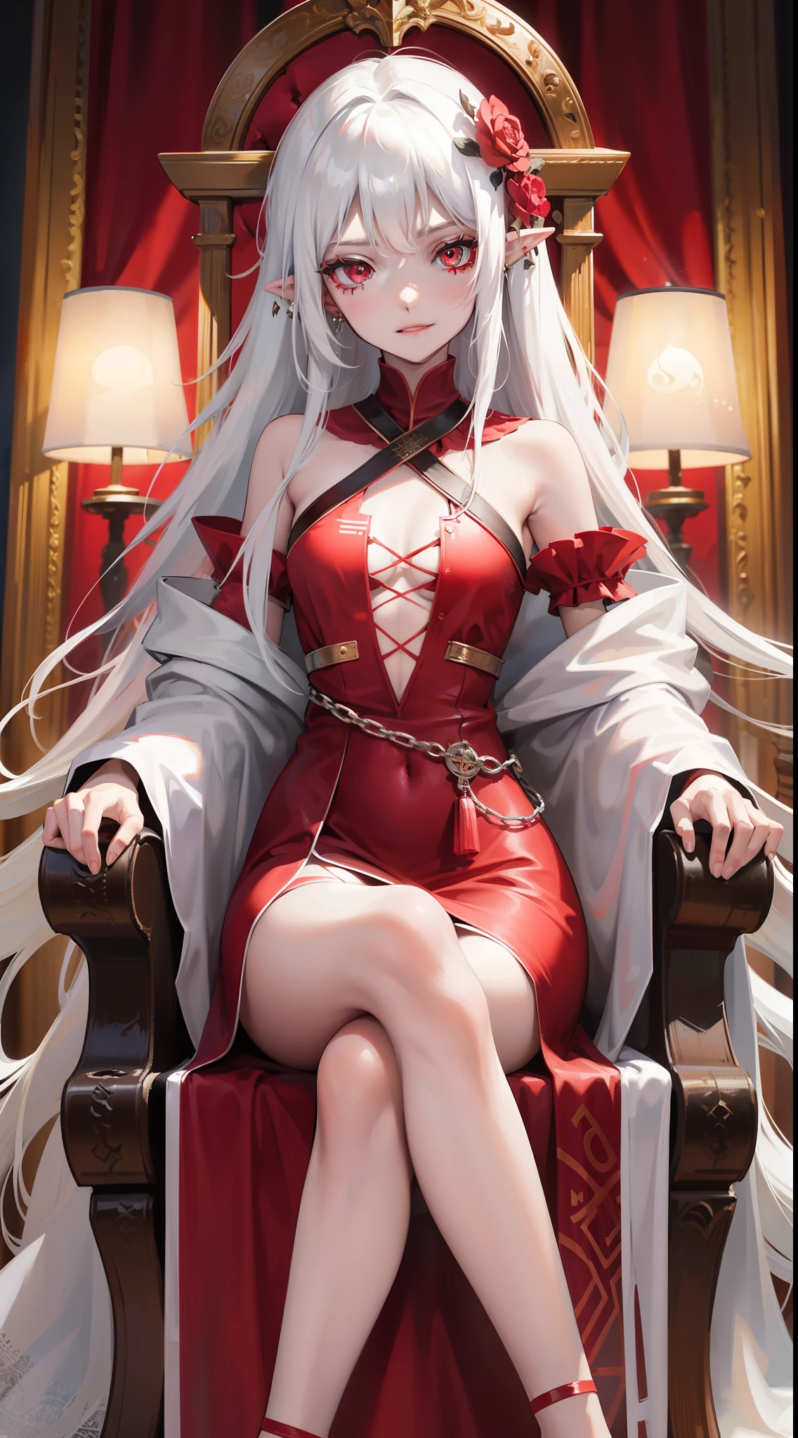 young girl, Long white hair, red eyes, Red Futhark Tattoo, smirk, princess dress, small breasts, open breasts, Wide neckline, sitting on the throne, legs crossed, Masterpiece, hiquality, higly detailed, HD, 4k