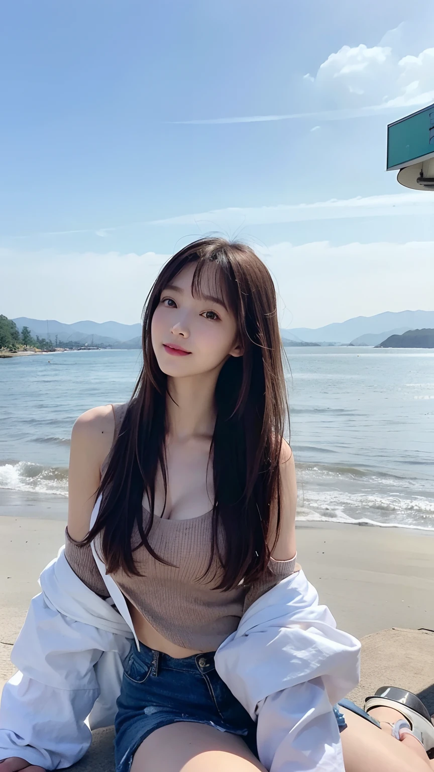 (​masterpiece:1.3), (8K, Photorealsitic, Raw photography, Top image quality: 1.4), Japan high school girls、(Random hairstyles:1.2)、cleavage of the breast:1.2、Super Detail Face、Eye of Detail、二重まぶた、Bring your chest together、foco nítido:1.2、prety woman:1.4、light brown hair、top-quality、​masterpiece、超A high resolution、(Photorealsitic:1.4)、Highly detailed and professional lighting smile、Loose and light knitwear、Shoulder out、slender、serious facial expression、short-haired、Fatal position