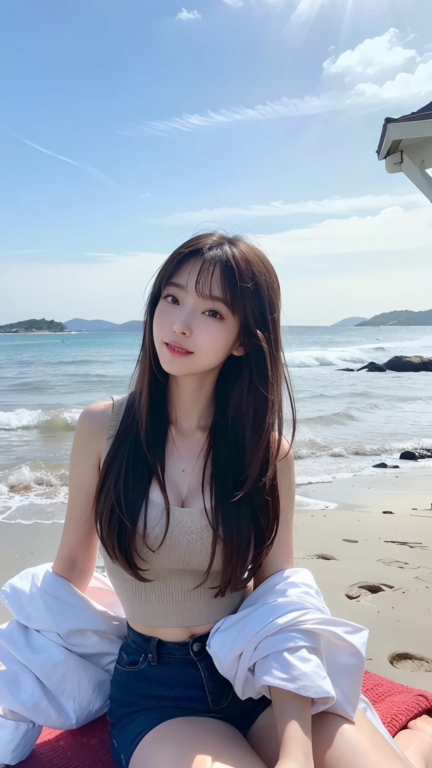 ((Best Quality, 8k, Masterpiece: 1.3)), 1 girl, full body, slim face, pretty woman, (black hair), super detailed face, detailed eyes, double eyelids, blurred background, slim face, seaside, outside, beach, smile