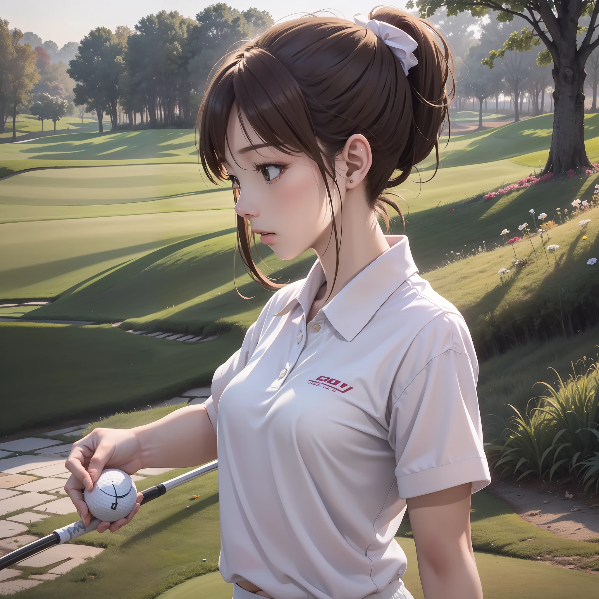 (Raw photography、top-quality)、(realisitic、Photorealsitic:1.3)、masterpiece、extremely delicate and beautiful、A highly detailed、nffsw、Unity、2k wallpaper、astonishing、finely detail、Highly detailed ticker Unity 8k wallpaper、ultra-detailliert、hight resolution、absurderes、1girl in、Soft light、((Brown hair ponytail hair:1.3))、a beautiful detailed girl、Detailed finger、Highly detailed profile、1girl in、cute little、Lifelike face、Realistic body、head to waist、Lustrous skin texture、Golf Course、Ground overgrown with turf、sideways Facing、(Golf Wear、Pink polo shirt、White Hot Pants)、Have a golf club、Looking into the distance、Put your hand on your forehead、