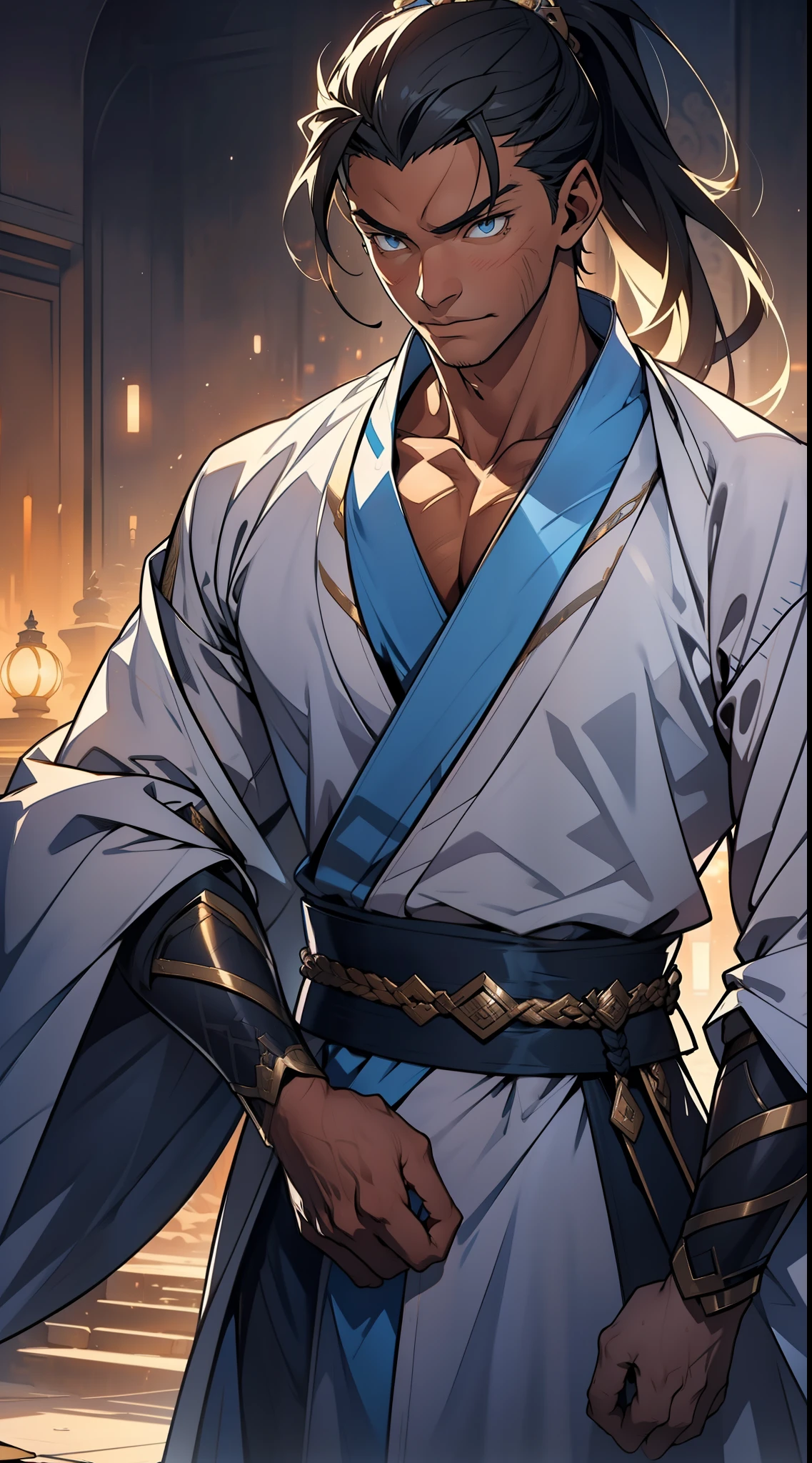 quadratic element，style of anime，mtu（Male Warrior），The proportions are correct，Face details，swordsmen，High ponytail hairstyle，Neck details，There is an Adam's apple，White robe，kaftan，long white robe，clothes details，Handing over，longer sleeves，Game quality，Swordsmanship，Light and shadow tracking，Ray traching，detailed glow，cg render，hair detail，cabelos preto e longos，blue colored eyes，Handsome，Handsome，（juvenile sense），Clothing is complicated，Perfectcomposition，Refinement，high qulity，higher details，Lots of details，The background is complex，a sense of atmosphere，