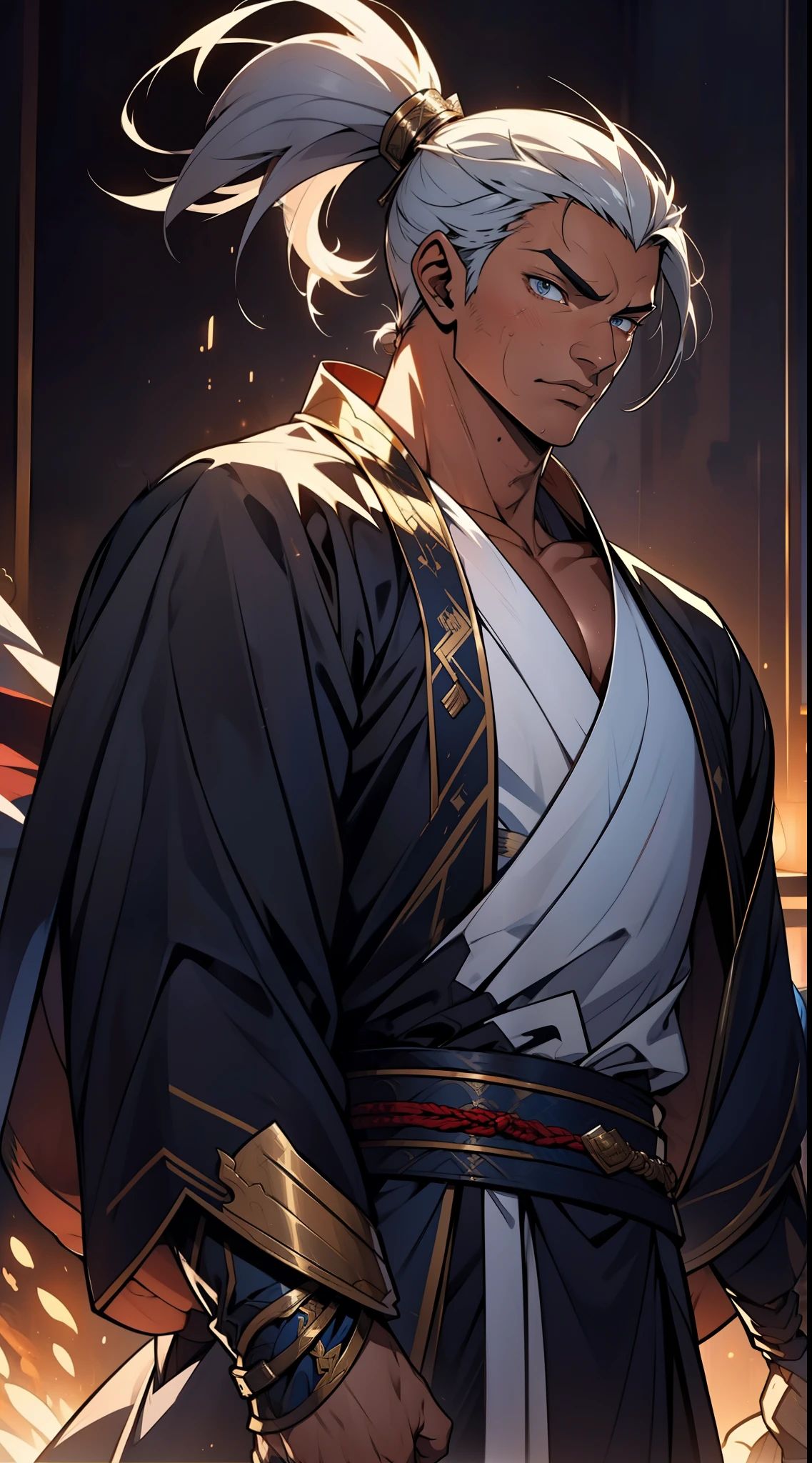quadratic element,style of anime,mtu(Male Warrior),The proportions are correct,Face details,swordsmen,High ponytail hairstyle,Neck details,There is an Adam's apple,White robe,kaftan,long white robe,clothes details,Handing over,longer sleeves,Game quality,Swordsmanship,Light and shadow tracking,Ray traching,detailed glow,cg render,hair detail,cabelos preto e longos,blue colored eyes,Handsome,Handsome,(juvenile sense),Clothing is complicated,Perfectcomposition,Refinement,high qulity,higher details,Lots of details,The background is complex,a sense of atmosphere,
