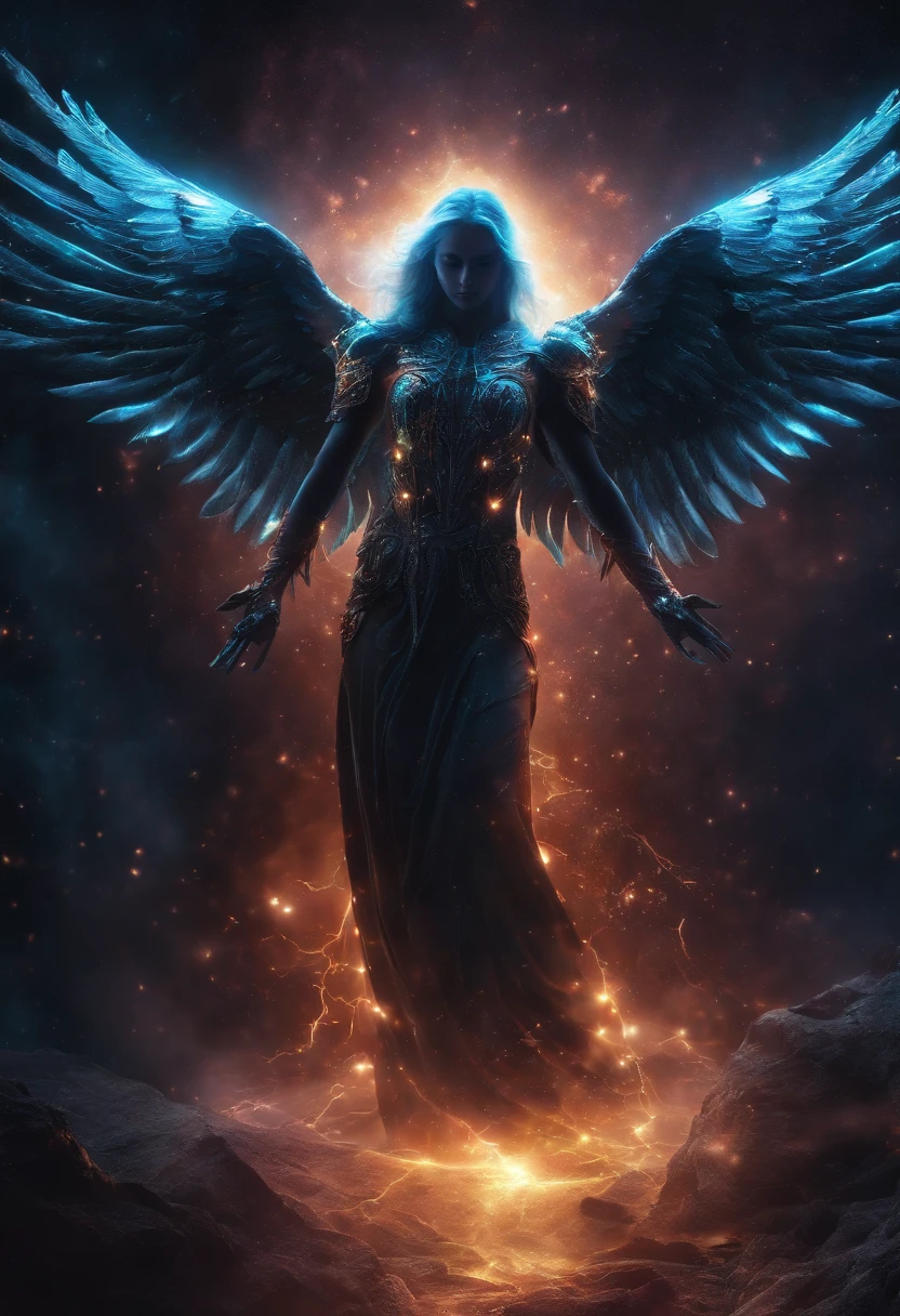 Cosmic Fallen Angel, glowing light eyes, Biomechanical, eerie, Creepy, nightmarish, Very bright colors, Light particles, with light glowing, Mshiff, wallpaper art, UHD wallpaper, cinematic styles, cinematic lights 