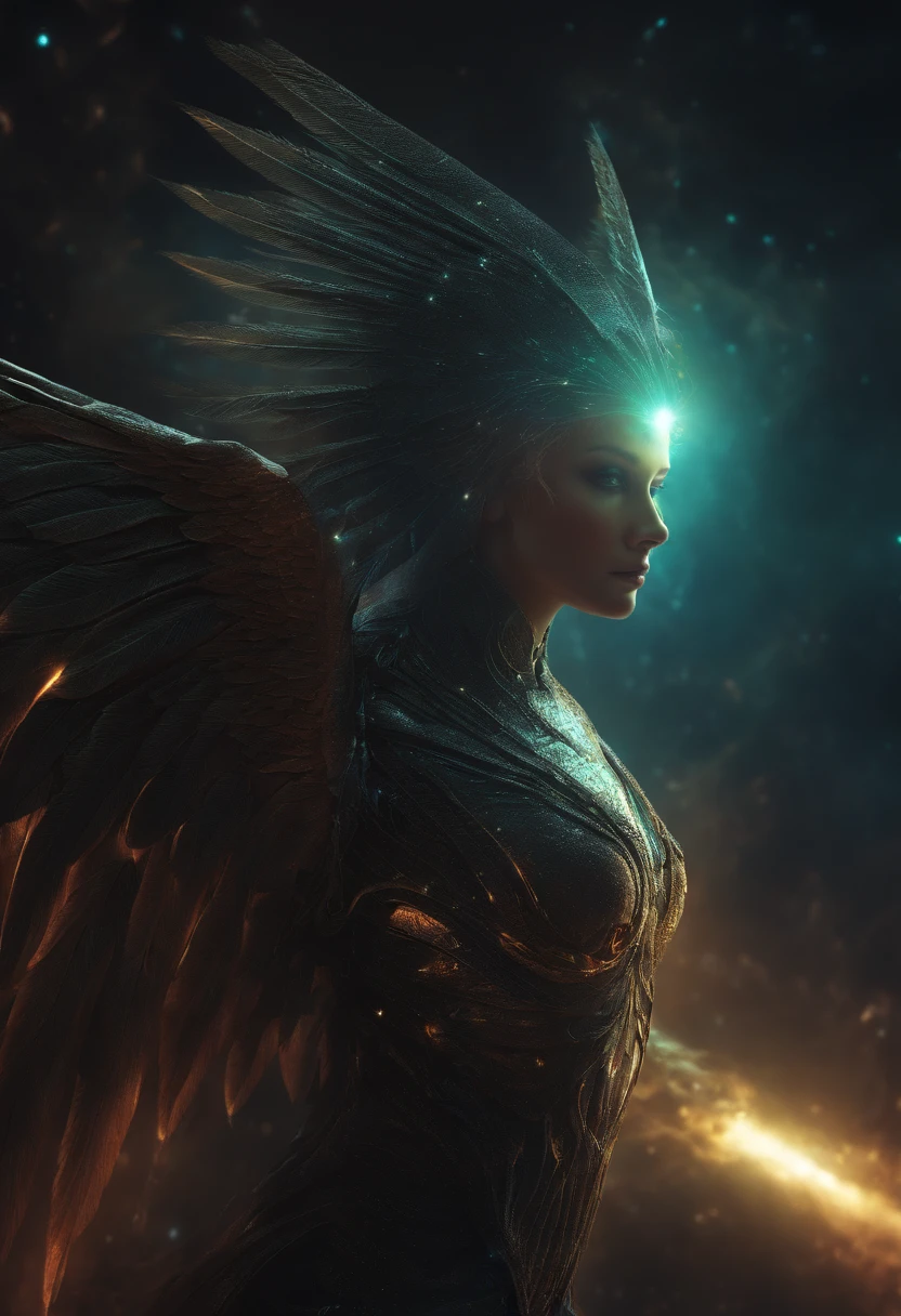 Cosmic Fallen Angel, glowing light eyes, Biomechanical, eerie, Creepy, nightmarish, Very bright colors, Light particles, with light glowing, Mshiff, wallpaper art, UHD wallpaper