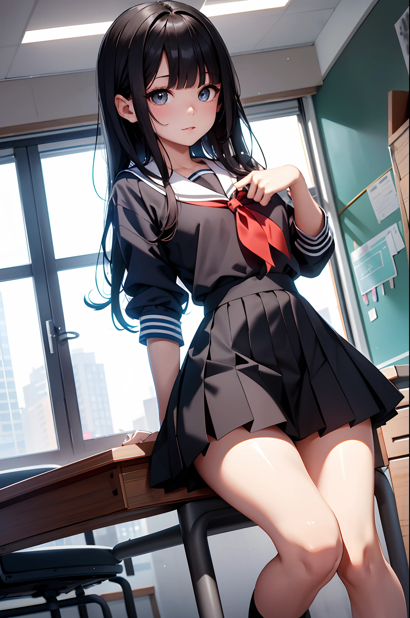 (top-quality、in 8K、32K、​masterpiece、nffsw、超A high resolution、Impresionismo、Photorealsitic:1.2)、Angle from above、High angle、Colossal tits、cowboy  shot, detailed faces and eyes、 Inside the classroom、Schools、Evening glow、beauitful face、blurry backround、16-year-old beautiful girl、shinny skin、long、Beautiful black hair、Blunt bangs、Gray eyes、(pointing:1.2)、a sailor suit、Pleated miniskirt、Curve、Stand on one knee、Opening legs、