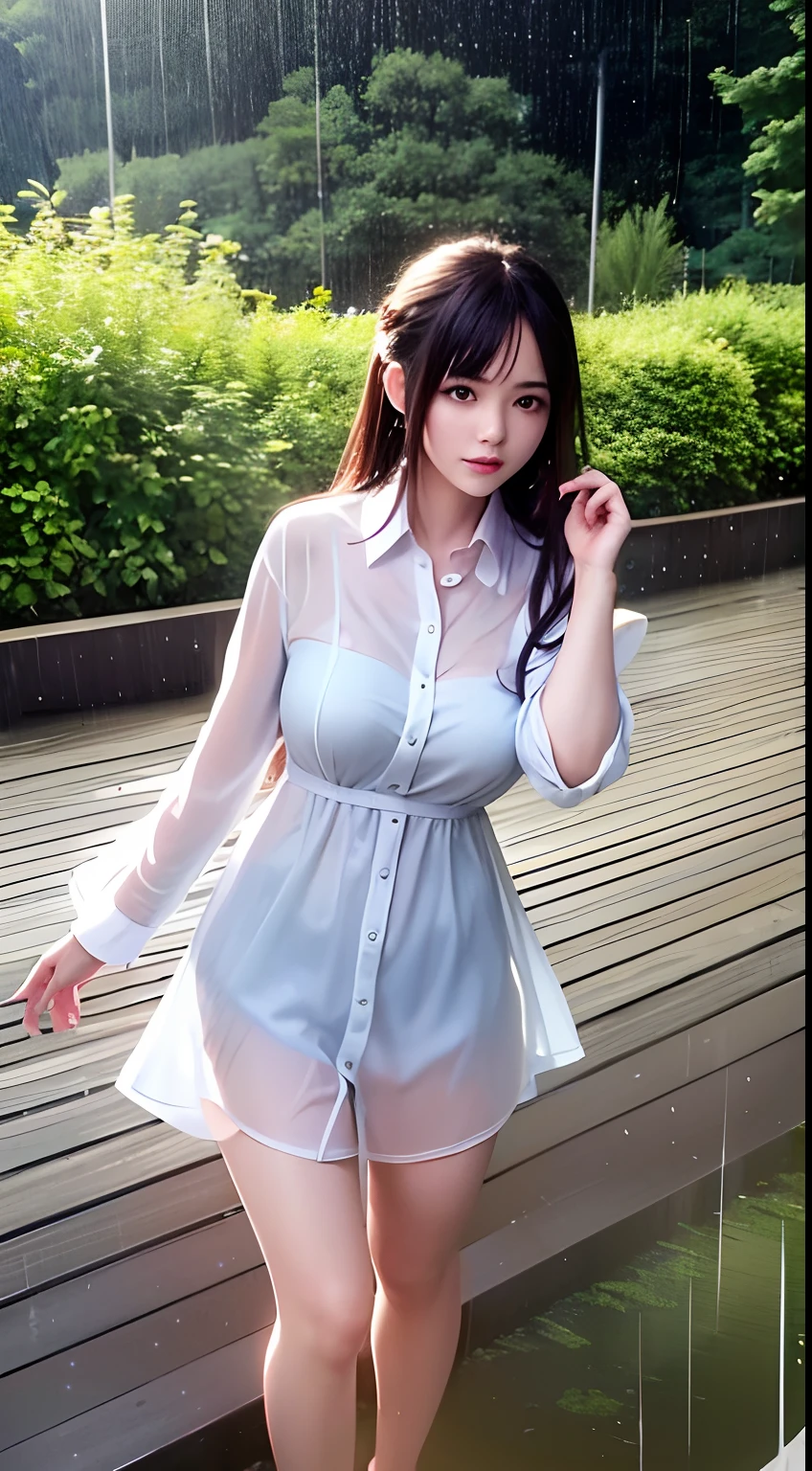 Best Quality, masutepiece, Hyper-Resolution, (fidelity:1.4), Photos, 1 cute girl in white shirt, movie, (Wet clothes, Real rain, Wet hair,..