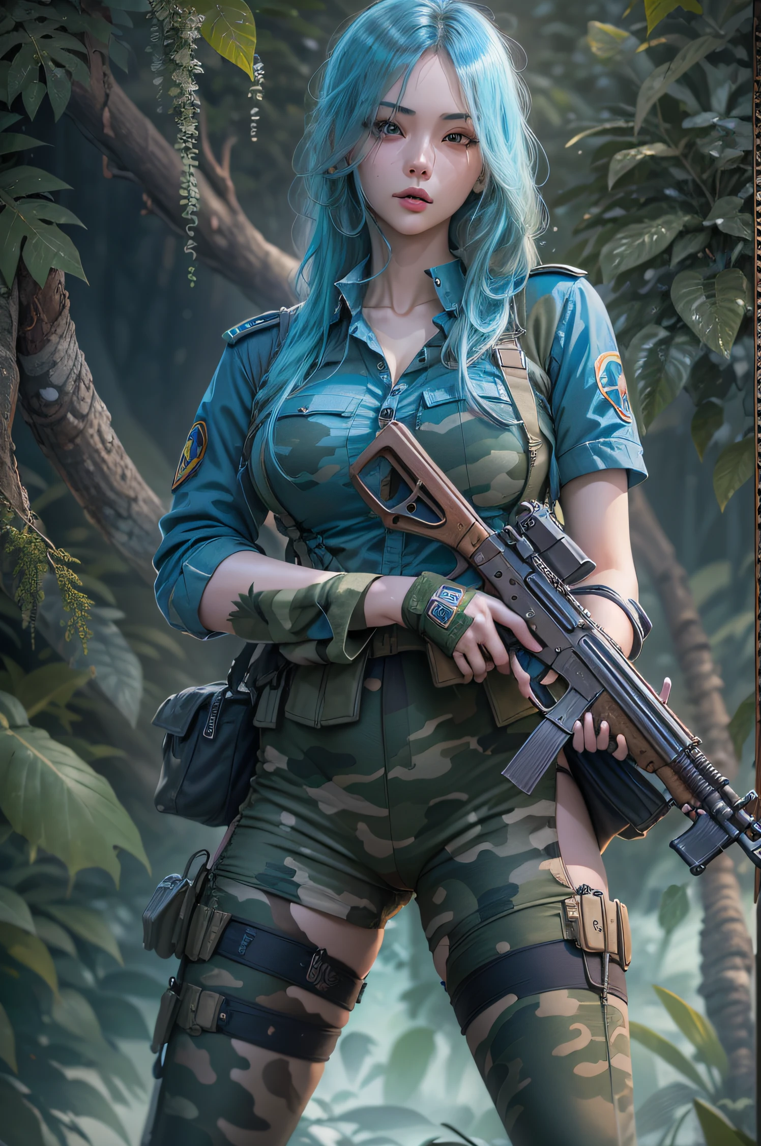 Photorealistic, high resolution, photorealestic,Beautiful tall woman, Solo, Hips up, view the viewer, (Detailed face),Blue-colored hair, Long hair, Young camouflage uniform, Stockings,jungle backdrop, Girl aiming AK-47 assault rifle