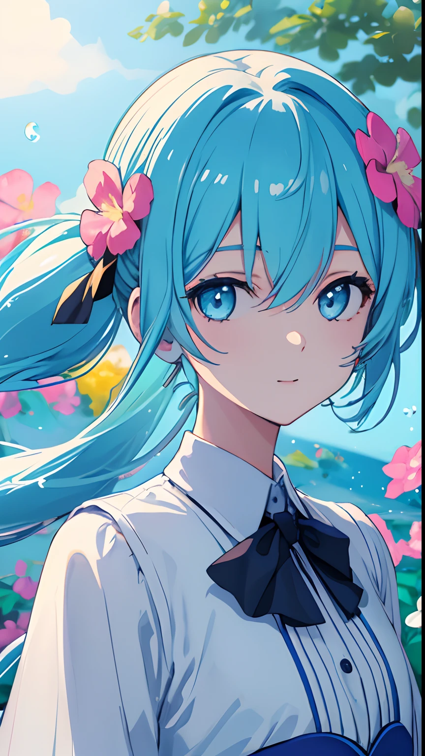(masterpiece)、(best qualtiy)、(ultra-detailliert)、(dishevled hair)、(illustratio)、(1 girl in)、(Fashionable clothes)、is standing、fashion modell、see the beholder、(interview)、(simple background)、Fine and beautiful eyes、Delicate beautiful face、Planktonic、(a high chroma)、(colorful water splash)、colorful bubble、(brilliance)、focus on face、poneyTail、Kamisato colorful flowers、lightblue hair、bangss、hair rings、Floating flowers、Floating hairs、(SHINES)、The best lighting、Best Shadows、Blue butterfly々、Pulling Picture、ssmile
