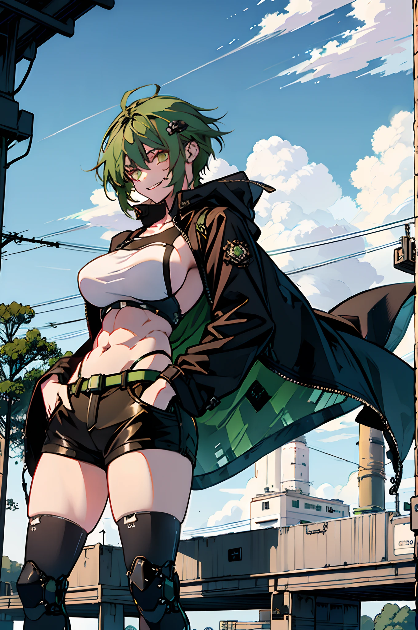 Pure sky，mechanical leg，Black mechanical legs，Plump legs，Green gem setting，Anime girl standing gracefully on the ground，Black cape and green hair, rogue anime girl, Anime girl standing, Wearing a cloak on the blasted plain, asuka suit under clothes!, Cyborg girl, badass posture, mechanic punk outfit, anime styled 3d, render of a cute 3d anime girl, gapmoe yandere grimdark, Female character，musculature，Abs，Glowing green eyes，Black hair with green gradient，short detailed hair，Bunched hair，Dull hair，（Muscle 2.0），Tomboyish，Be red in the face，looking at viewert，Elaborate Eyes，Black mechanical legs，huge tit，1.5，Put your hands in your pockets，ssmile，blacksilk，Straight big breasts，strappy，Black openwork hot pants，White bandeau，Toothless smile，Lower breast，Mechanical wind，There are no cities，Side breasts