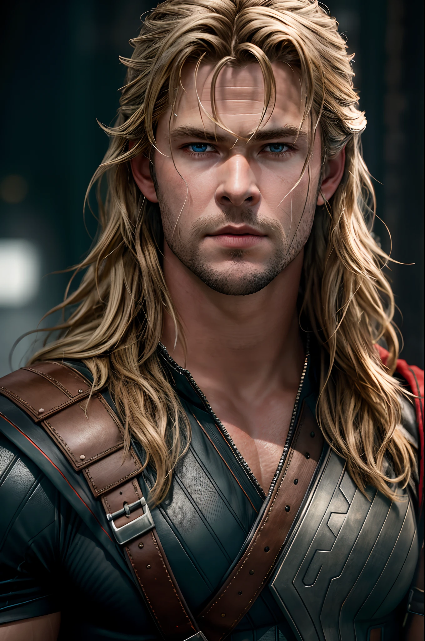 A portrait of actor Chris Hemsworth as Thor, with piercing eyes, centered, detailed face, high details, photography, daylight, rule of thirds,  Nikon D850, 50mm, f/1.4
