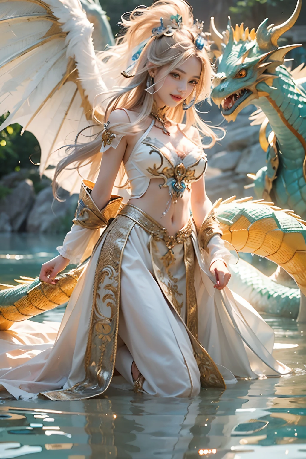 Dragons in Chinese mythology,(Portrait of an angel and a dragon god:1.3,)(Sheer and revealing white fluffy outfit:1.3, ),(Angel with glass wings floating above lake:1.3), (A glass dragon protects angels from behind:1.3),shiny light brown and orange striped hair,,,,,Cute smile,Perfect round face,A cheerful smile that makes the viewer happy,Proper body proportion,masutepiece,Super high-quality output images,hight resolution,Intricate details,Hair fluttering in a very delicate and beautiful wind,photos realistic,Dreamy,Professional Lighting,realistic shadow,Beautiful hands,Beautiful fingers,Detailed finger features,detailed clothes features,Detailed hair features,detailed facial features,