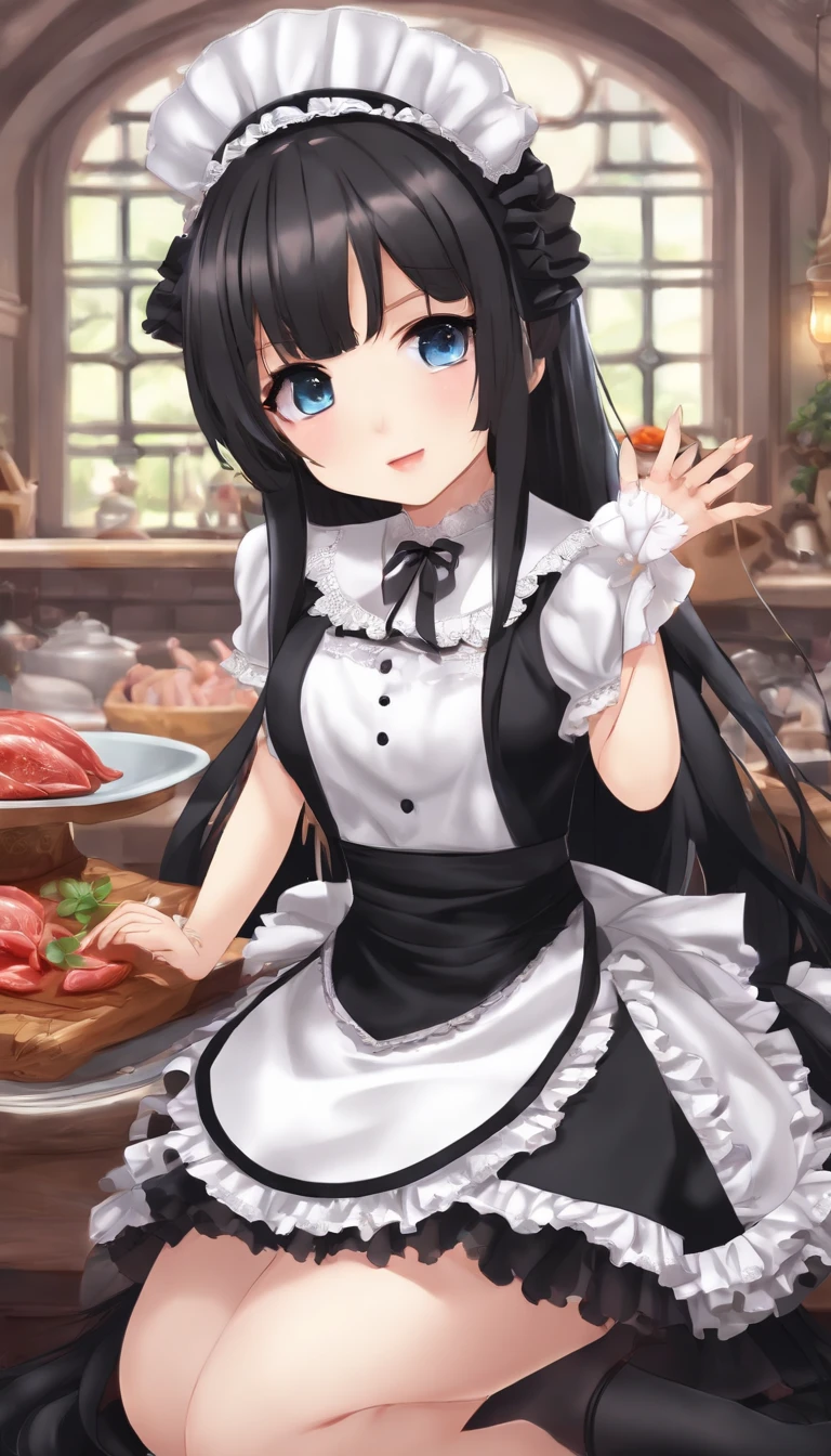 Black long-haired , Wearing a maid outfit, Kneeling, Legs and five fingers, More meat, Cute two-dimensional, Background backlit HD