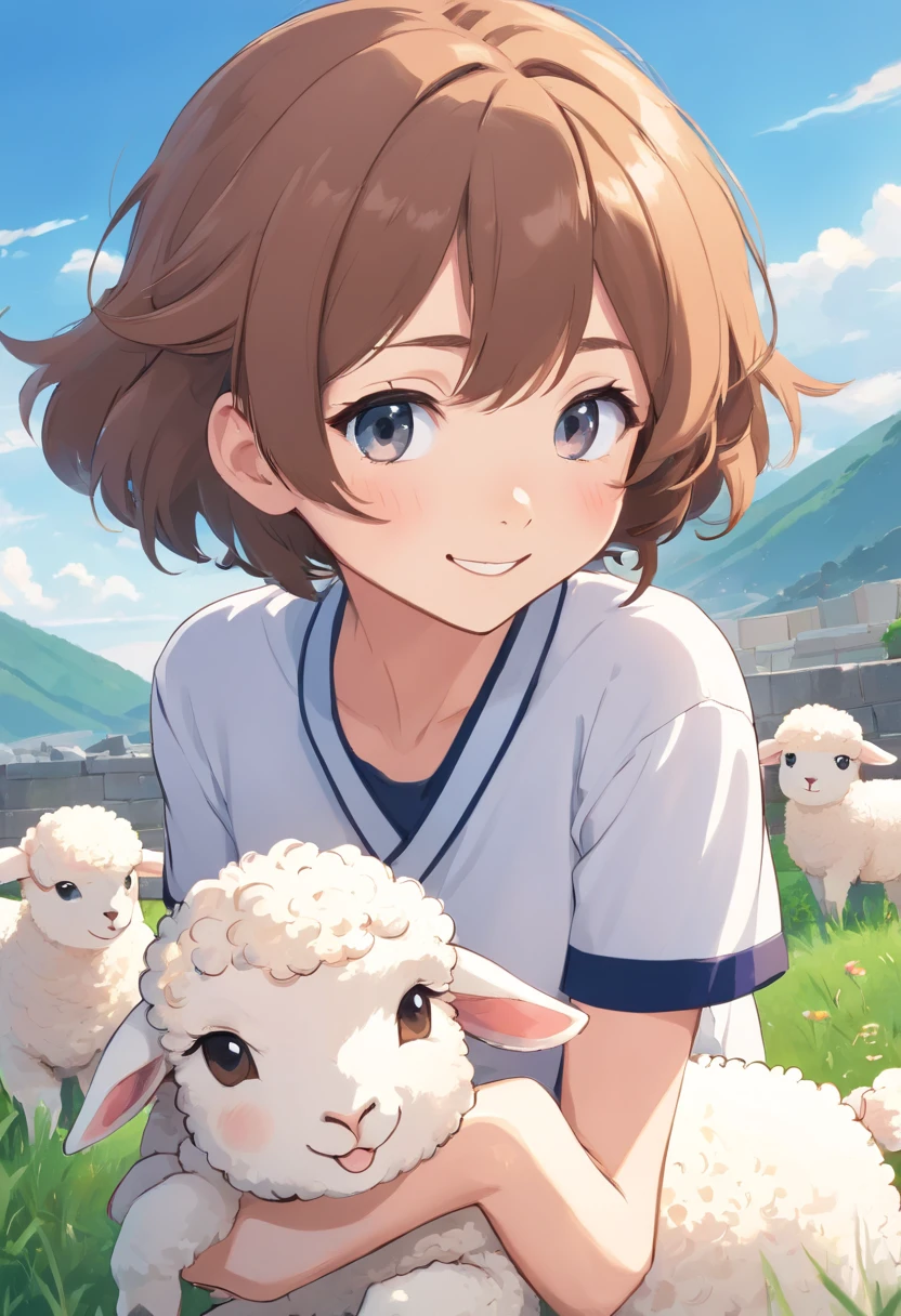 largeeyes、Cartoon lambs、Simple line art、Simple illustration、thick line art、2D、Line drawing in anime style、anime big breast、comic strip、Japanese anime style、illustratio、White lamb, Smiling lamb、Cute lamb, cute animal, curlies、poofy, Partial, cute beautiful,White Simple Background