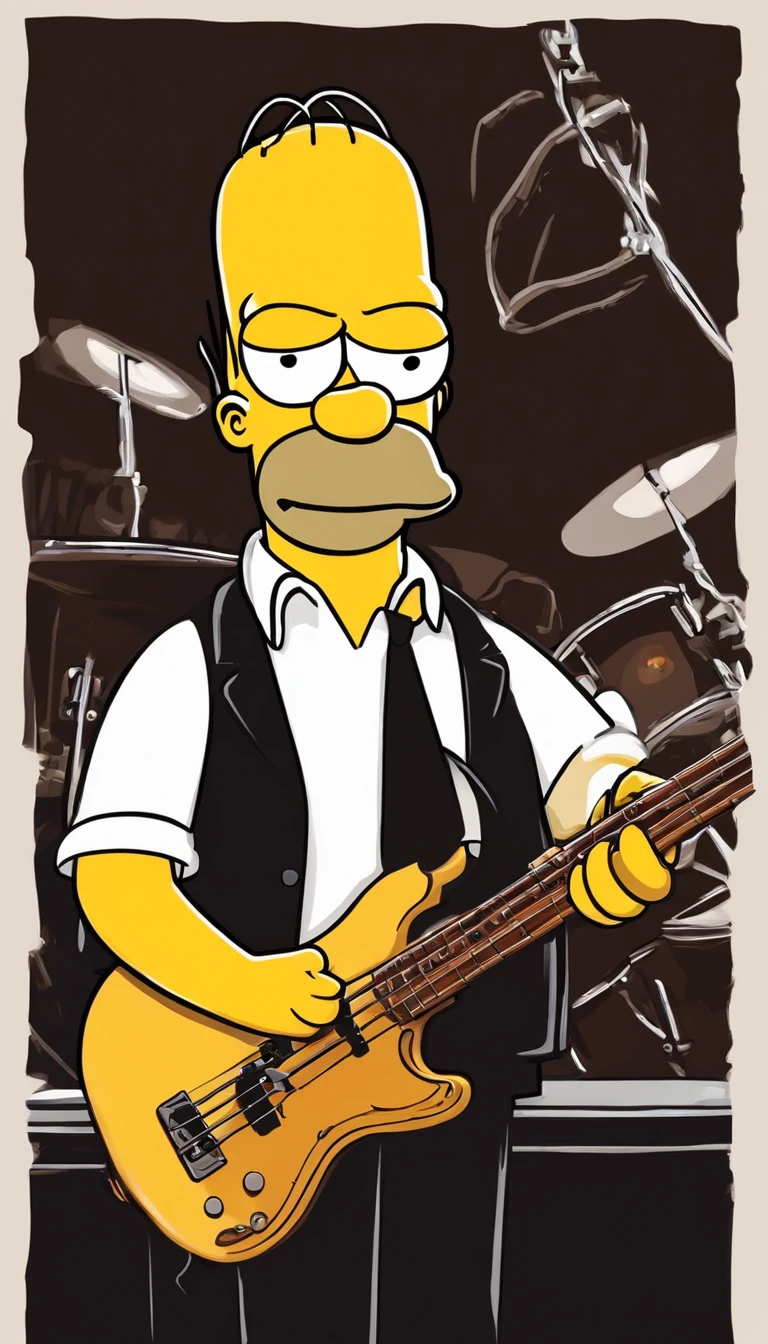 cafe shop,The Simpsons,Homer Simpson plays bass,homer simpson,dramatic lights,Dramatic colors,On stage,One guy,Play bass