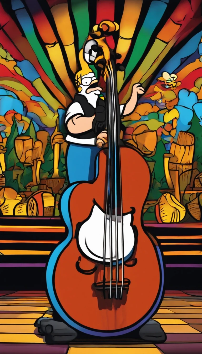 cafe shop,The Simpsons,Homer Simpson plays bass,homer simpson,dramatic lights,Dramatic colors,On stage,One guy,Play bass