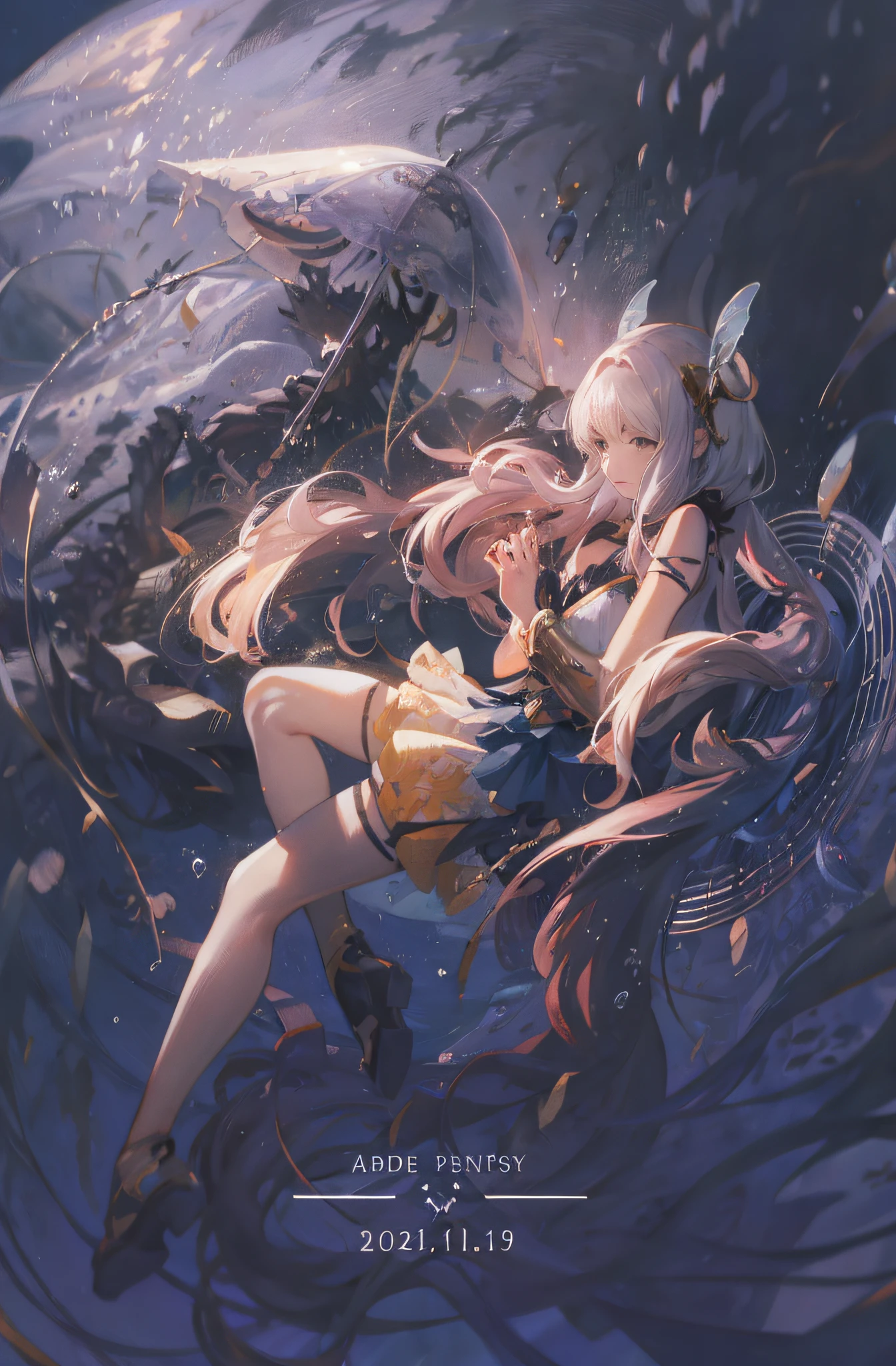 airbubble,jelly fish,Anime poster of a woman wearing a bikini underwater, White color hair,Beautiful anime artwork, Anime fantasy artwork, Anime epic artwork, Digital art on Pixiv, Anime art wallpaper 8 K, Anime art wallpaper 4k, Anime art wallpaper 4 K, style of anime4 K, Anime fantasy illustration, 4K anime wallpaper, beautiful fantasy anime, Highest rated on pixiv