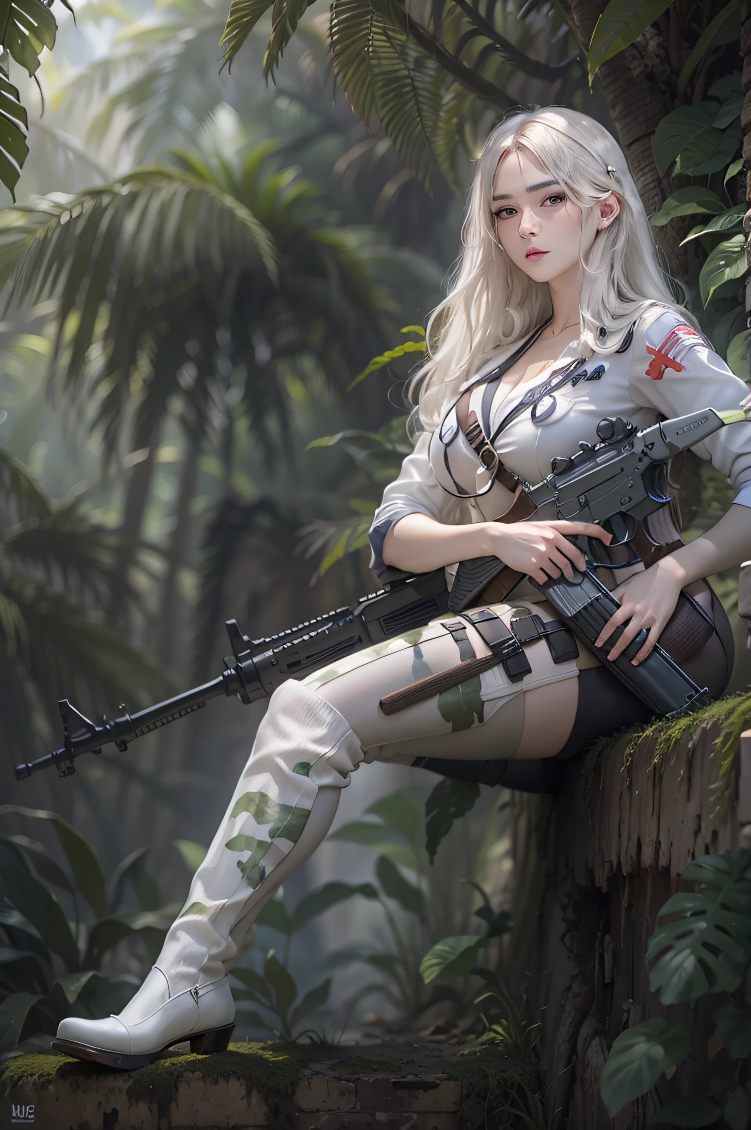 Photorealistic, high resolution, photorealestic，Beautiful tall woman, Solo, Hips up, view the viewer, (Detailed face),White color hair, Long hair, Medic camouflage, Stockings，jungle backdrop, Girl aiming AK-47 assault rifle